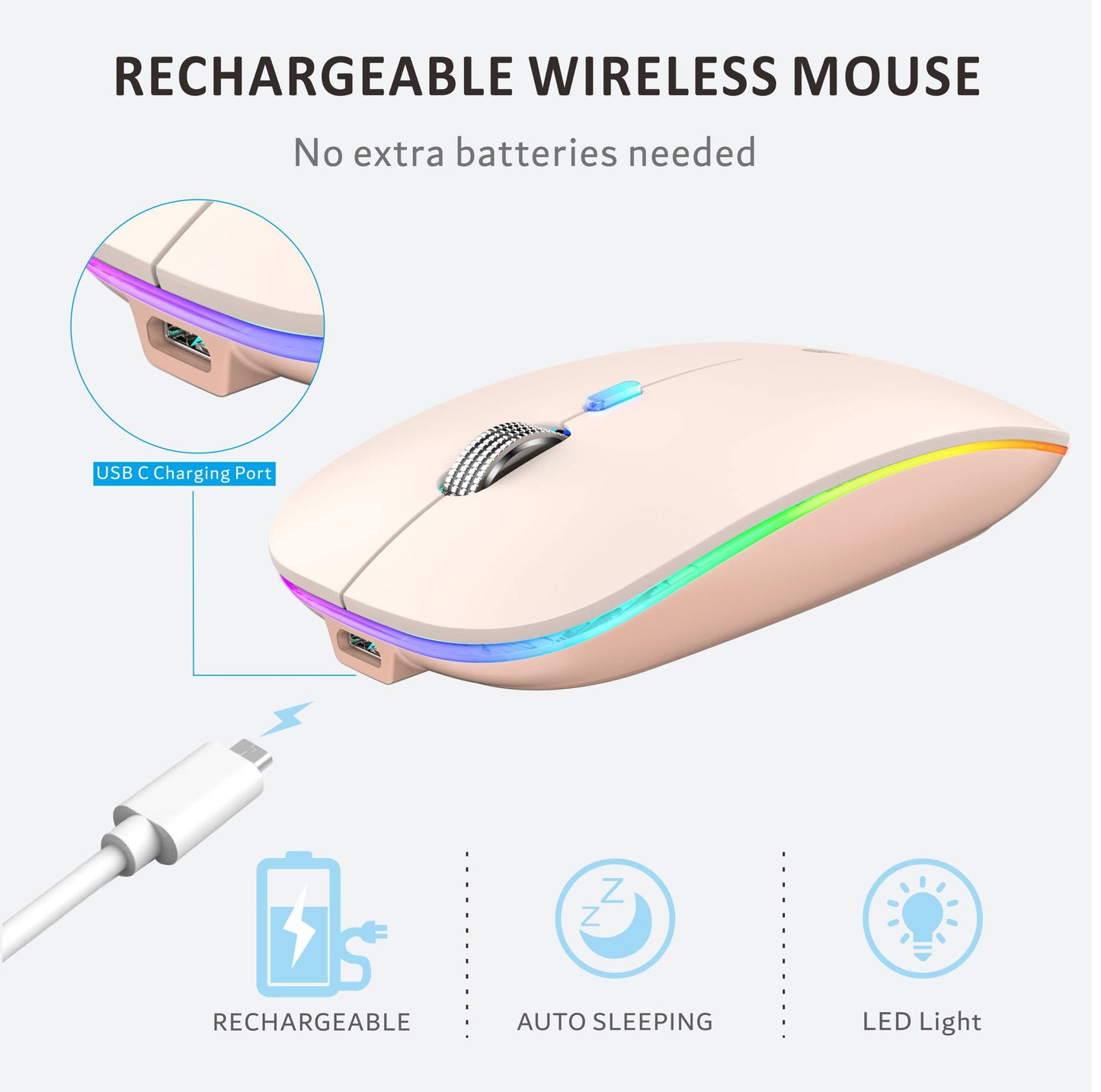 Uiosmuph LED Wireless Mouse, G12 Slim Rechargeable Silent Mouse, 2.4G Portable USB Optical Computer Mice with USB Receiver and Type C Adapter (Matte Black)