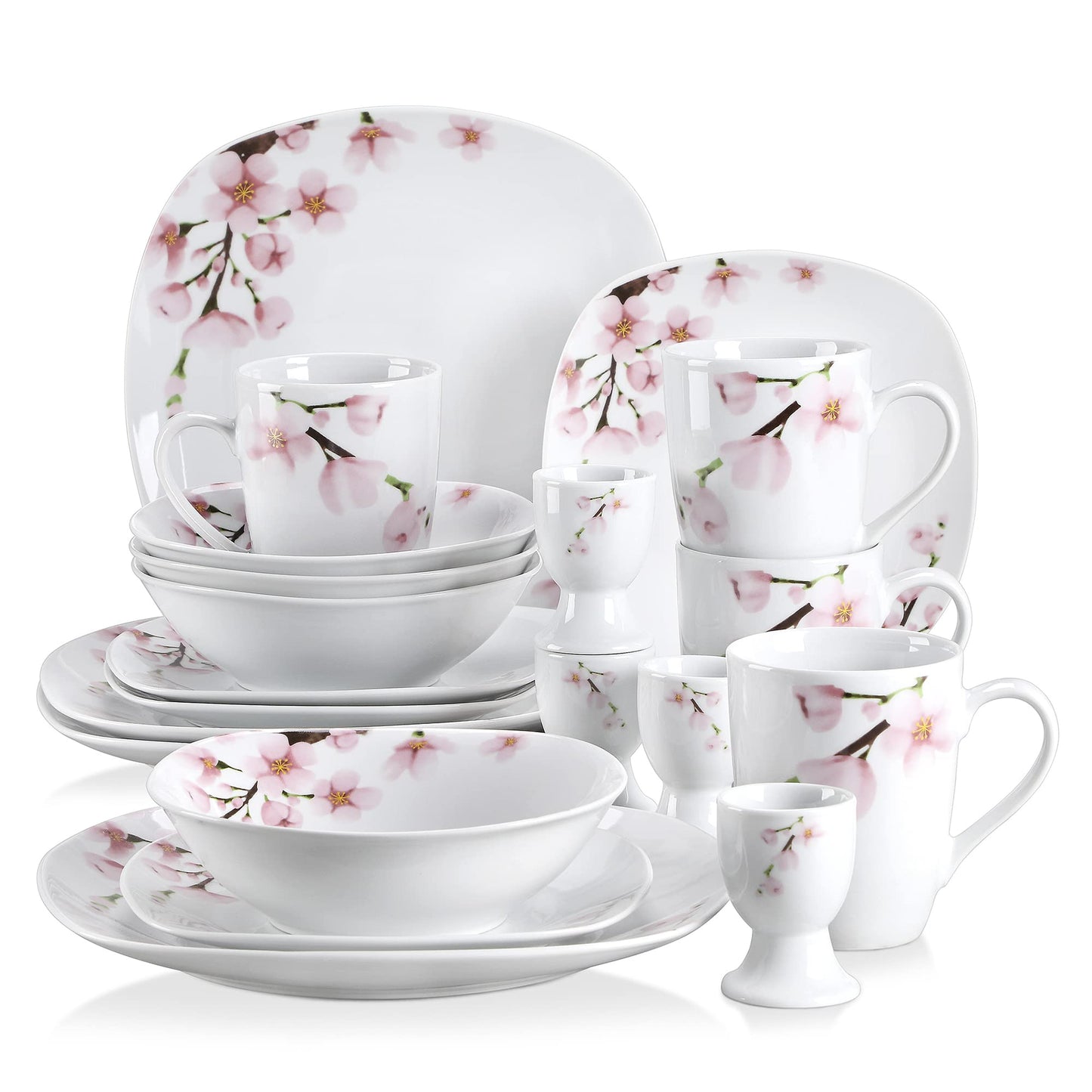 VEWEET, Series Annie, Porcelain Dinnerware Sets for 6, White Dish Set with Pink Floral, 30 PCS Dinner Sets Including Dinner Plates, Dessert Plates, Soup Plates Set, Cups & Saucers