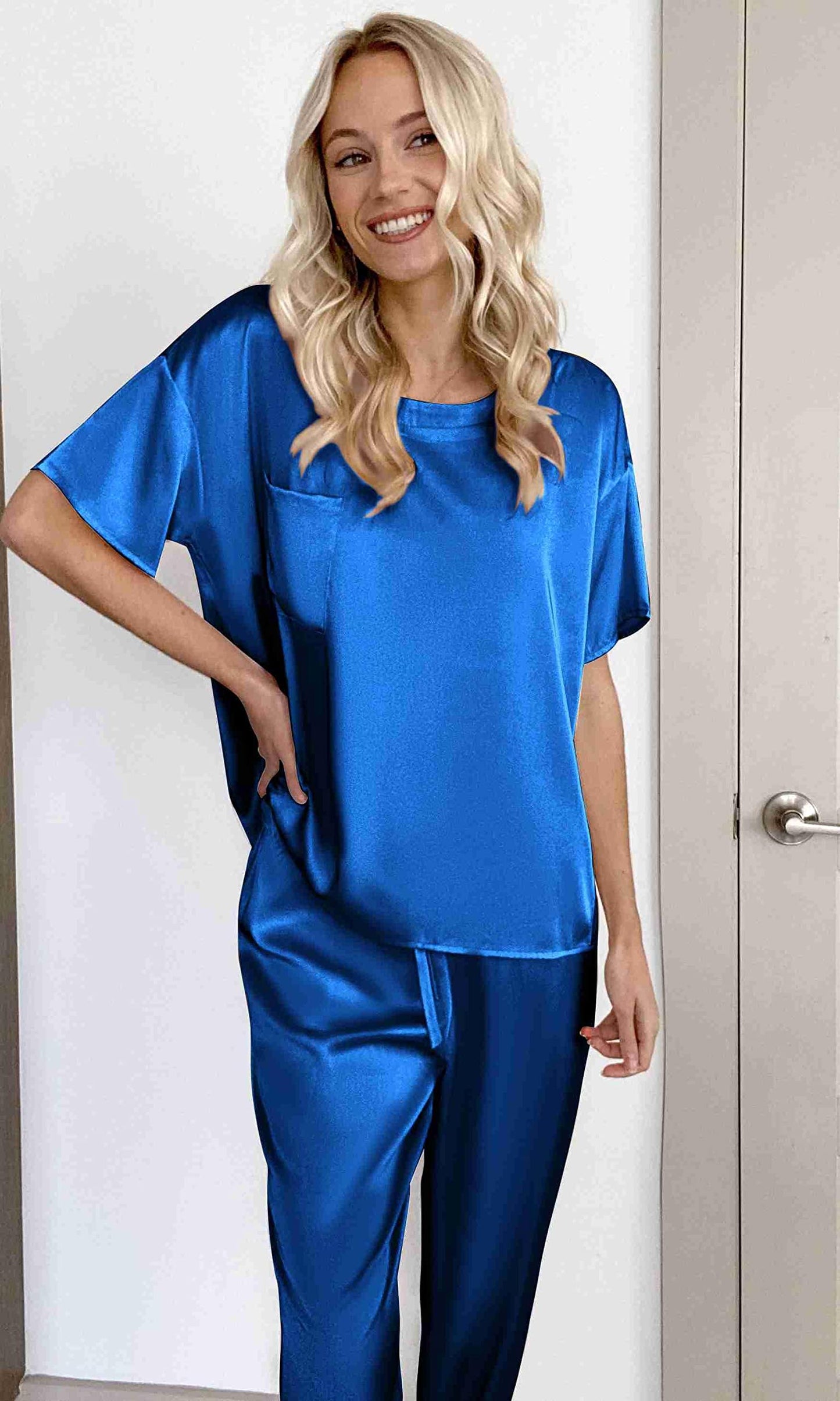 Ekouaer Womens Satin Silky Pajama Set Short Sleeve Shirt with Long Pajama Pant Set Soft PJ Loungewear