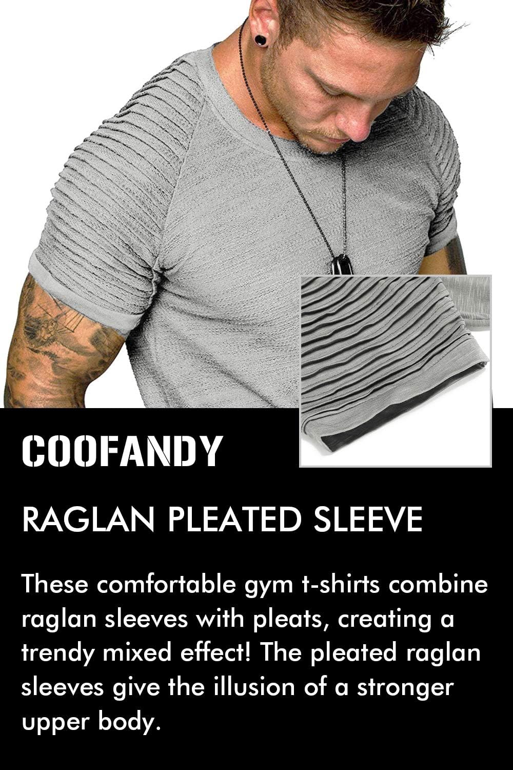 COOFANDY Men's Muscle T-Shirt Pleated Raglan Sleeve Bodybuilding Gym Tee Short Sleeve Fashion Workout Shirts Hipster Shirt