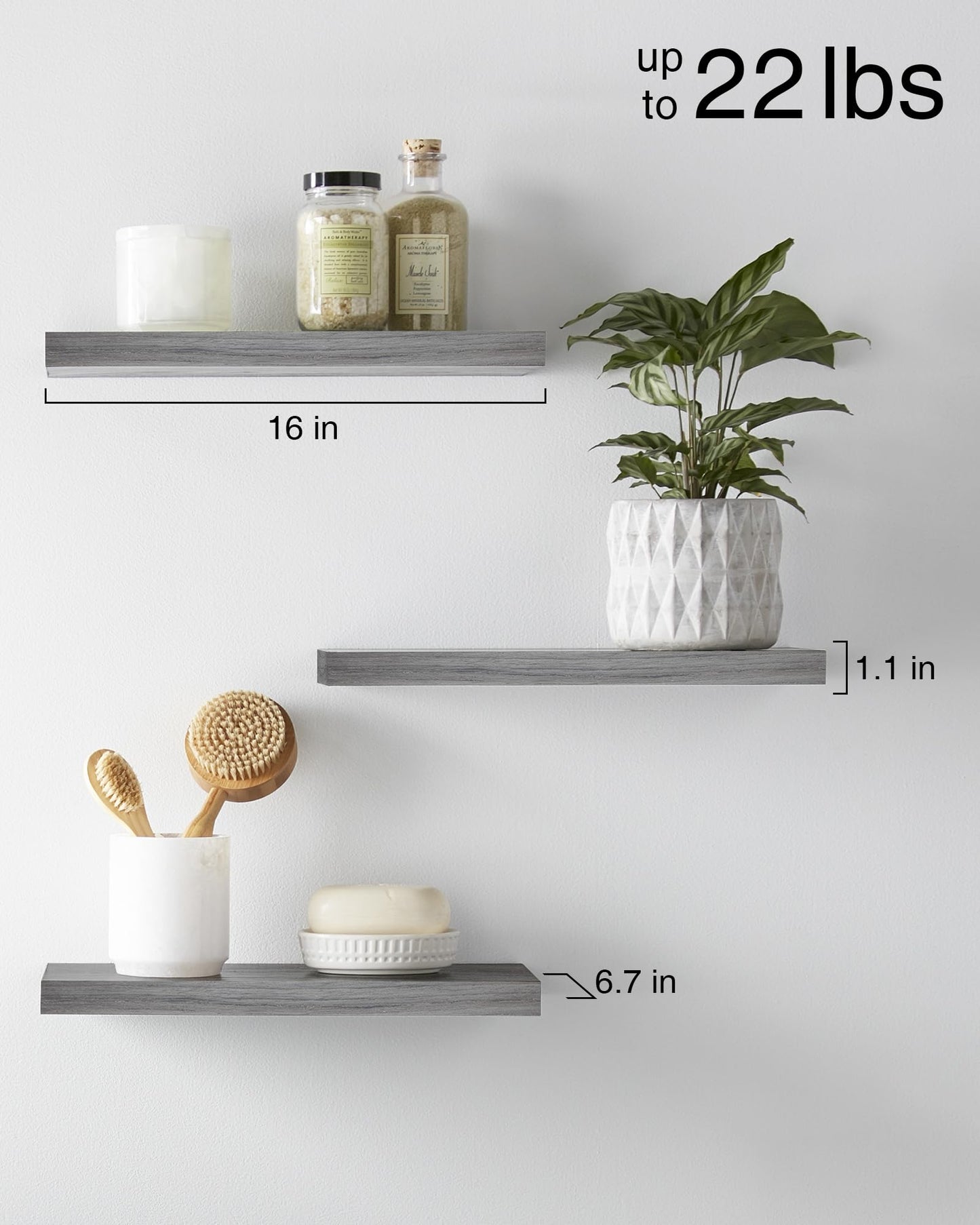 BAYKA Floating Shelves, Wall Mounted Rustic Wood Shelves for Bathroom, Bedroom, Living Room, Kitchen, Small Hanging Shelf for Books/Storage/Room Decor with 22lbs Capacity (Black, Set of 3, 16in)