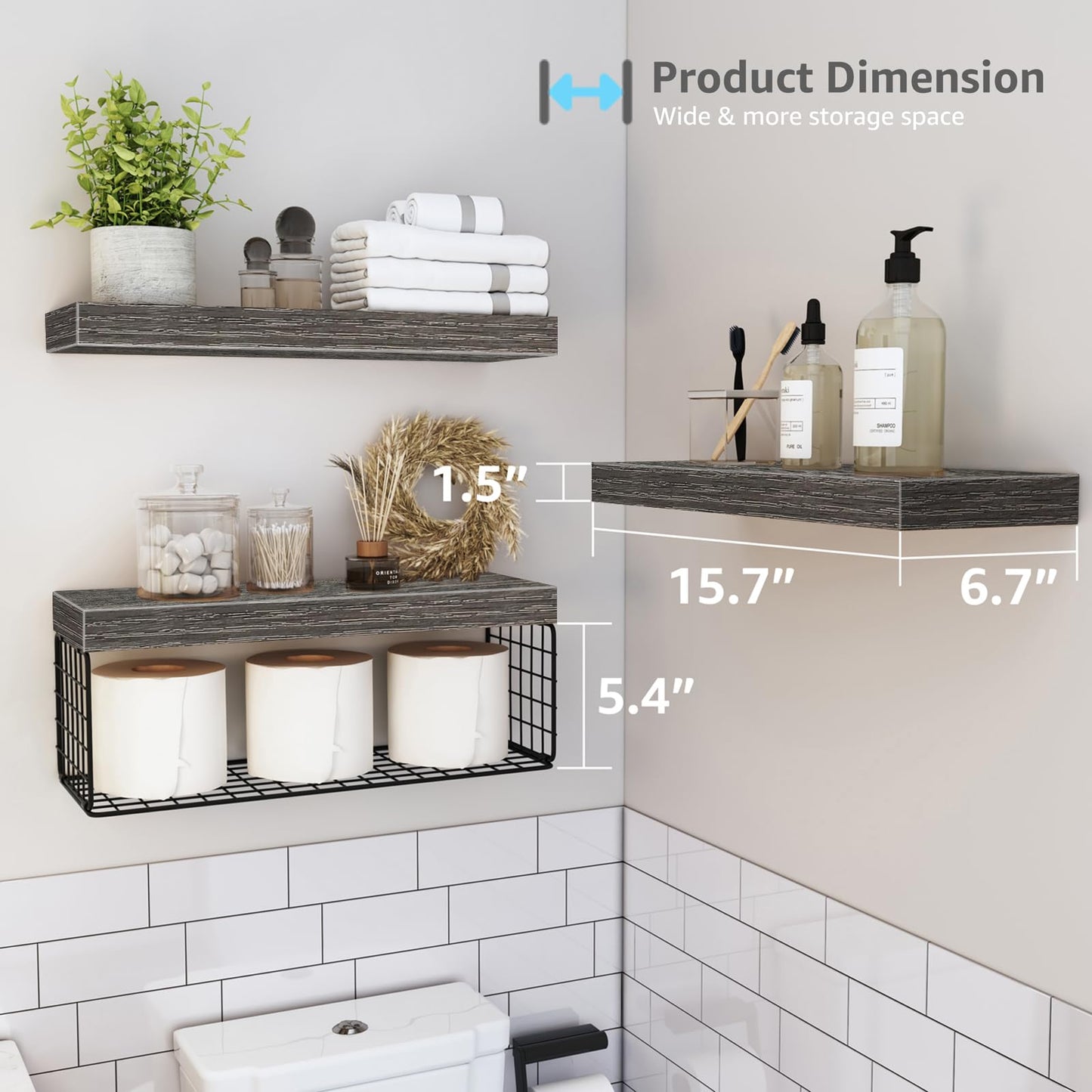 QEEIG Bathroom Shelves Over Toilet Wall Mounted Floating Shelves Farmhouse Shelf Toilet Paper Holder Small 16 inch Set of 3, Rustic Brown (019-BN3)