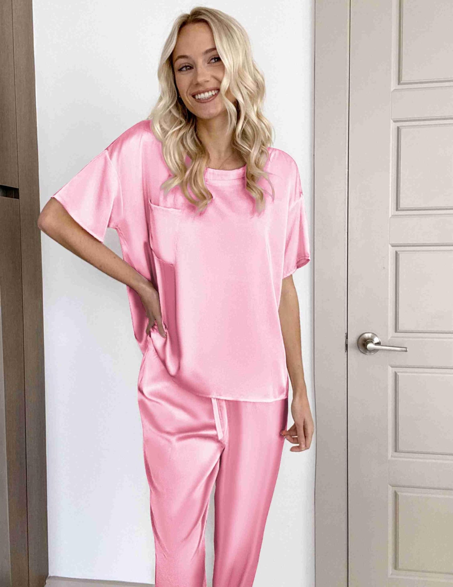 Ekouaer Womens Satin Silky Pajama Set Short Sleeve Shirt with Long Pajama Pant Set Soft PJ Loungewear