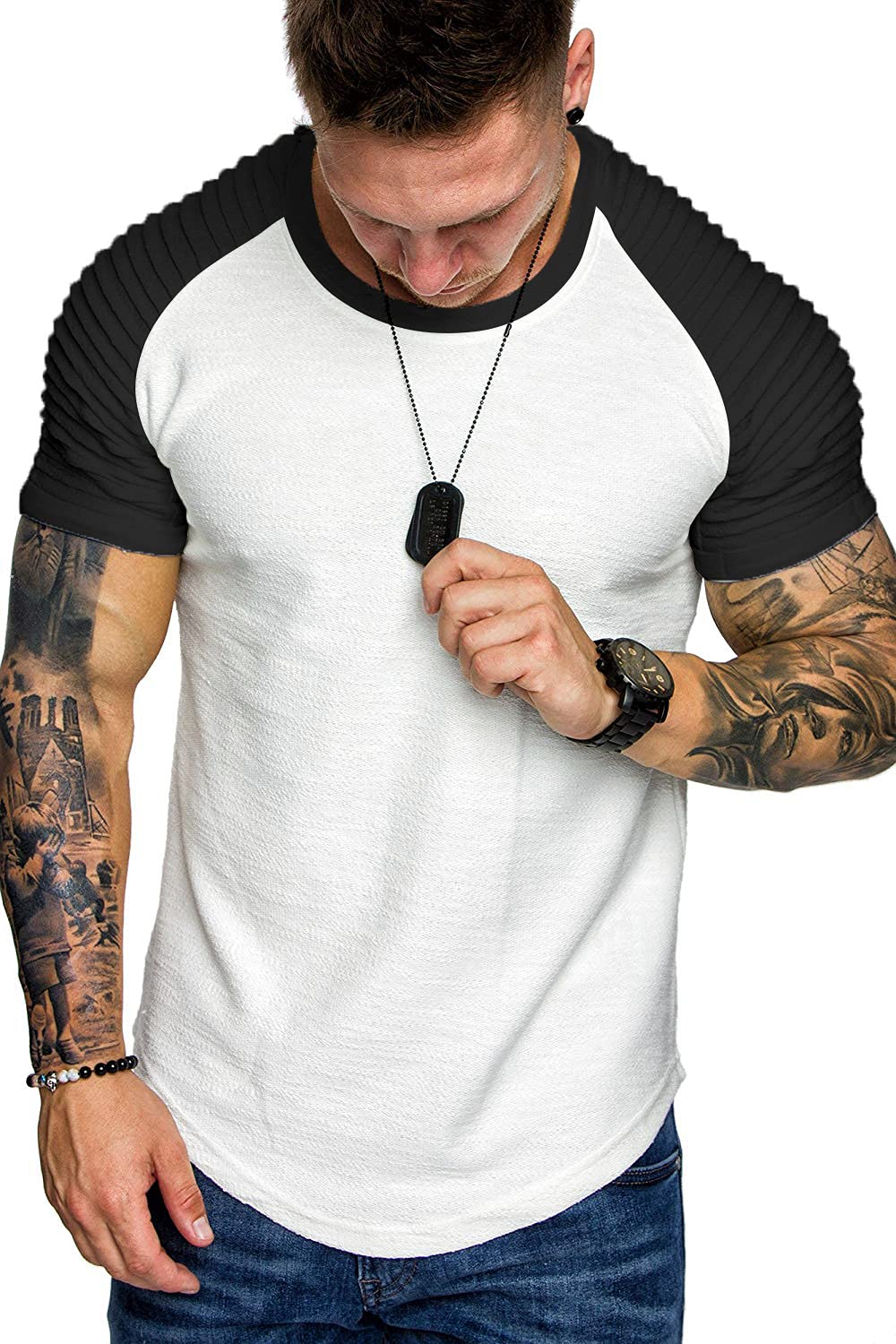 COOFANDY Men's Muscle T-Shirt Pleated Raglan Sleeve Bodybuilding Gym Tee Short Sleeve Fashion Workout Shirts Hipster Shirt