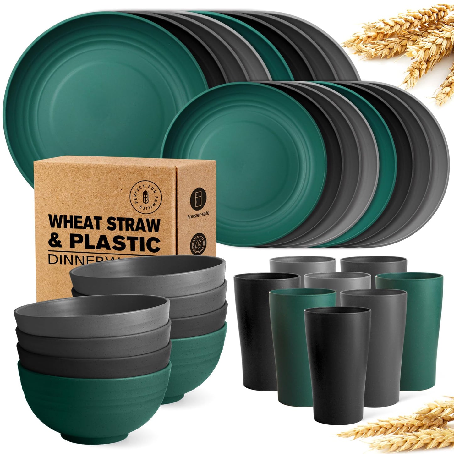 Teivio 32-Piece Kitchen Plastic Wheat Straw Dinnerware Set, Service for 8, Dinner Plates, Dessert Plate, Cereal Bowls, Cups, Unbreakable Colorful Plastic Outdoor Camping Dishes, Black