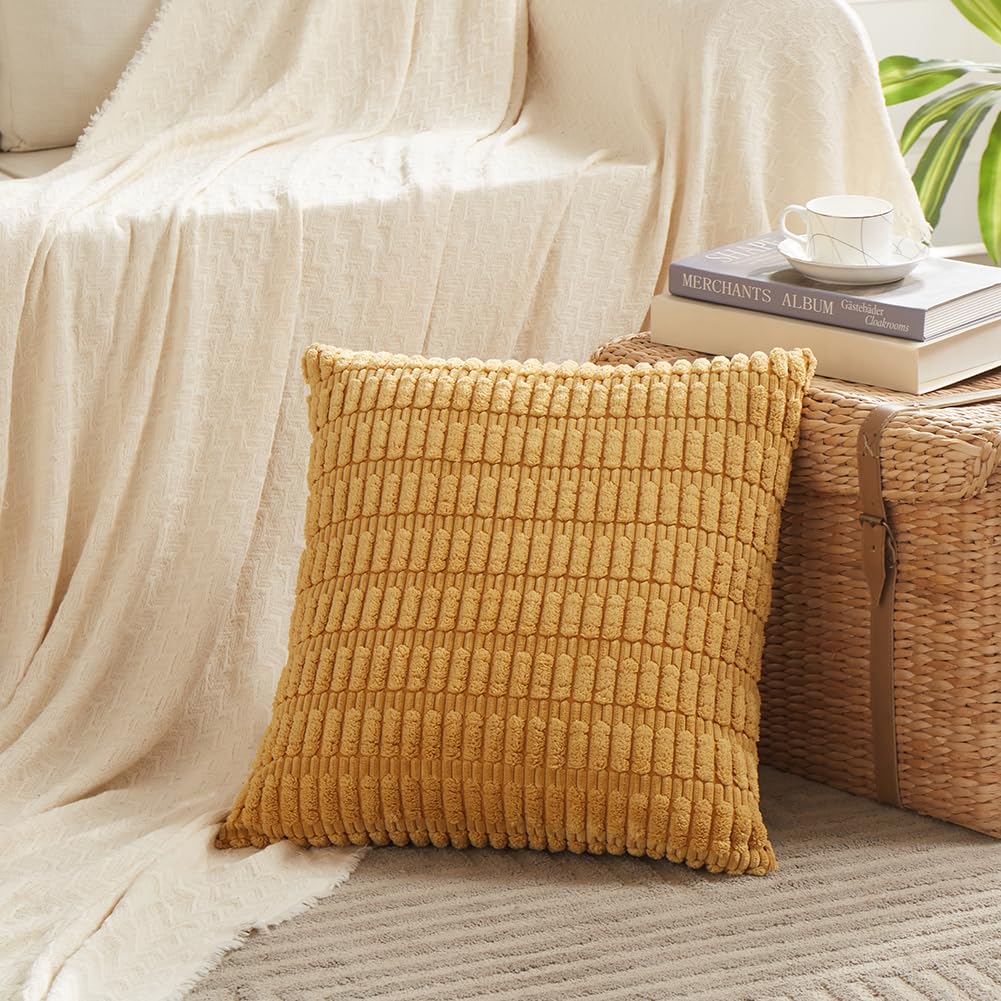 Fancy Homi 4 Packs Neutral Decorative Throw Pillow Covers 18x18 Inch for Living Room Couch Bed Sofa, Rustic Farmhouse Boho Home Decor, Soft Plush Striped Corduroy Square Cushion Case 45x45 cm