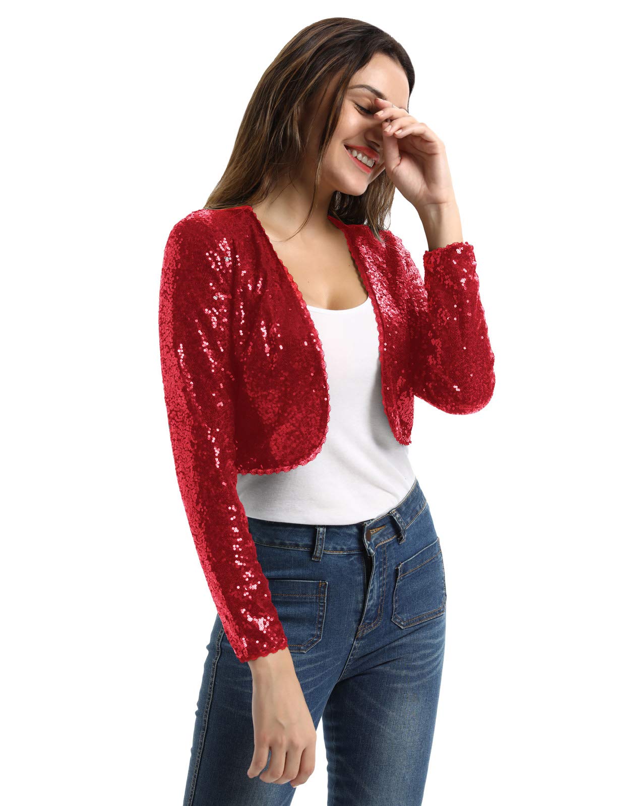 Belle Poque Women's Sequin Jacket Long Sleeve Open Front Glitter Cropped Blazer Bolero Shrug S-XXL