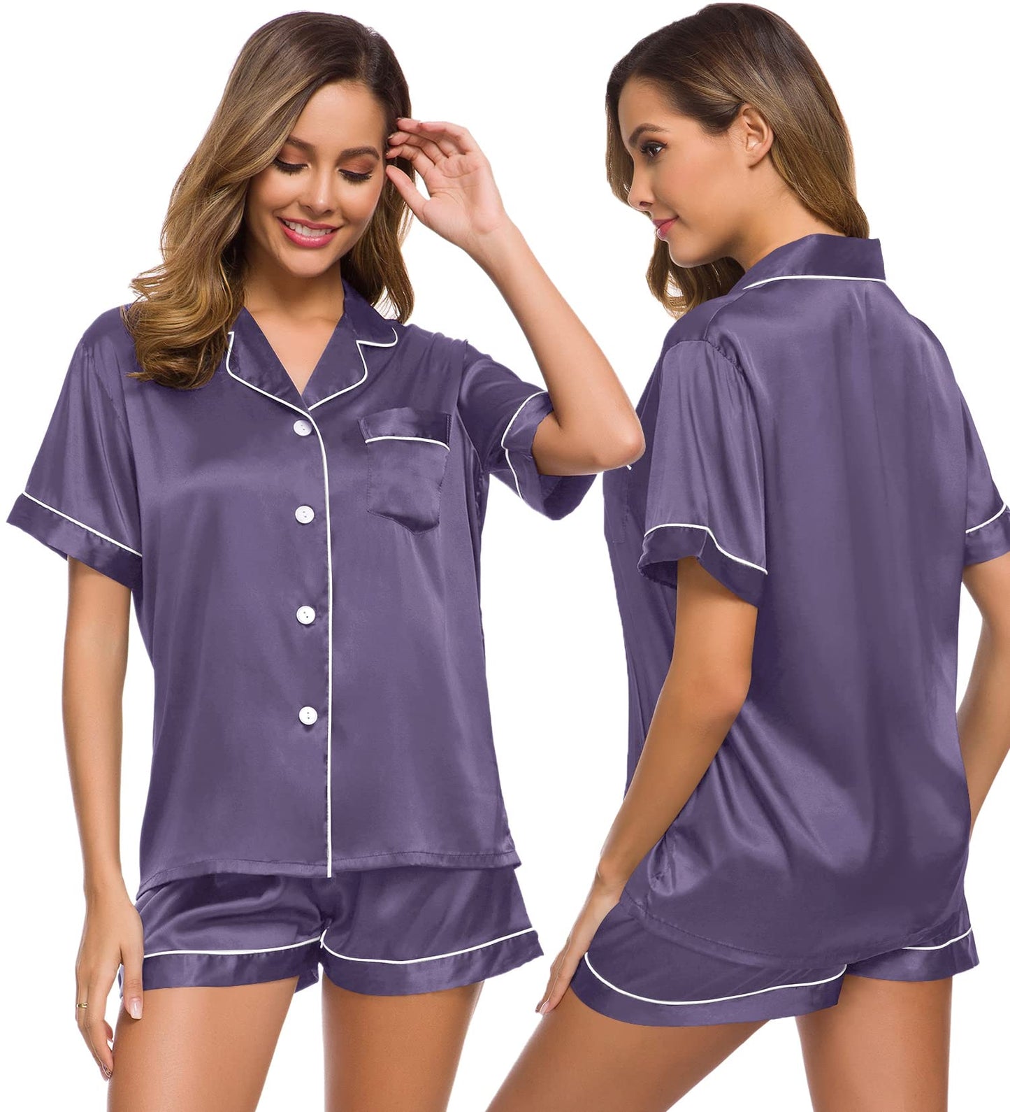 SWOMOG Womens Silk Satin Pajamas Set Two-piece Pj Sets Sleepwear Loungewear Button-Down Pj Sets