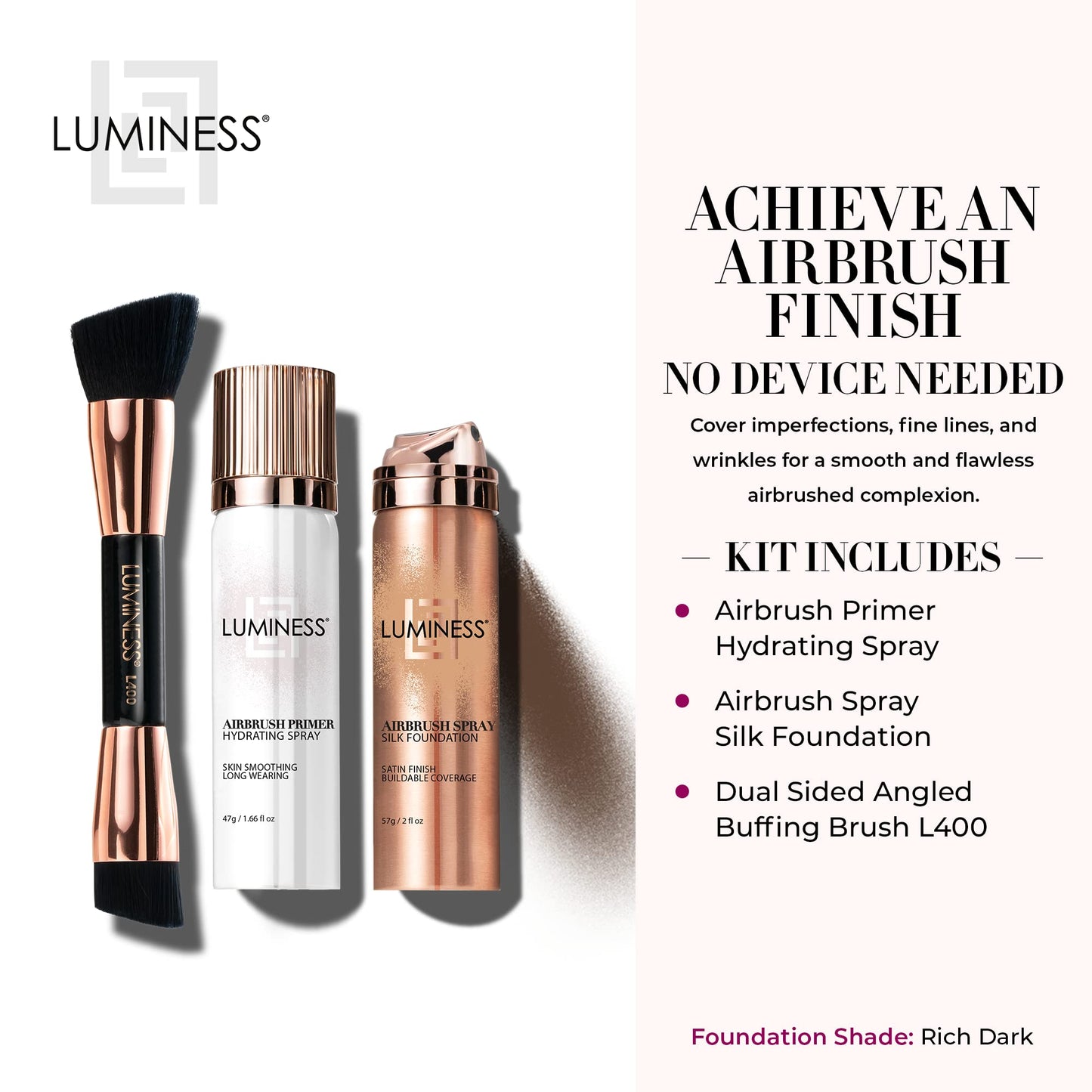 LUMINESS Airbrush Spray Silk Foundation Starter Kit - Medium Dark - Foundation, Primer & Dual-Sided Angled Buffing Brush - Medium, Buildable Coverage, Anti-Aging Formula Hydrates & Moisturizes