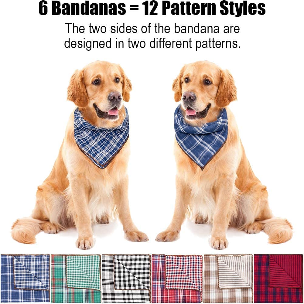 Remifa Dog Bandana - 6PCS Birthday Gift Washable Green Blue Red Christmas Bandana Square Plaid Printing Bib Double Reversible Kerchief Scarf Adjustable Accessories for Small to Large Dog Puppy Cat