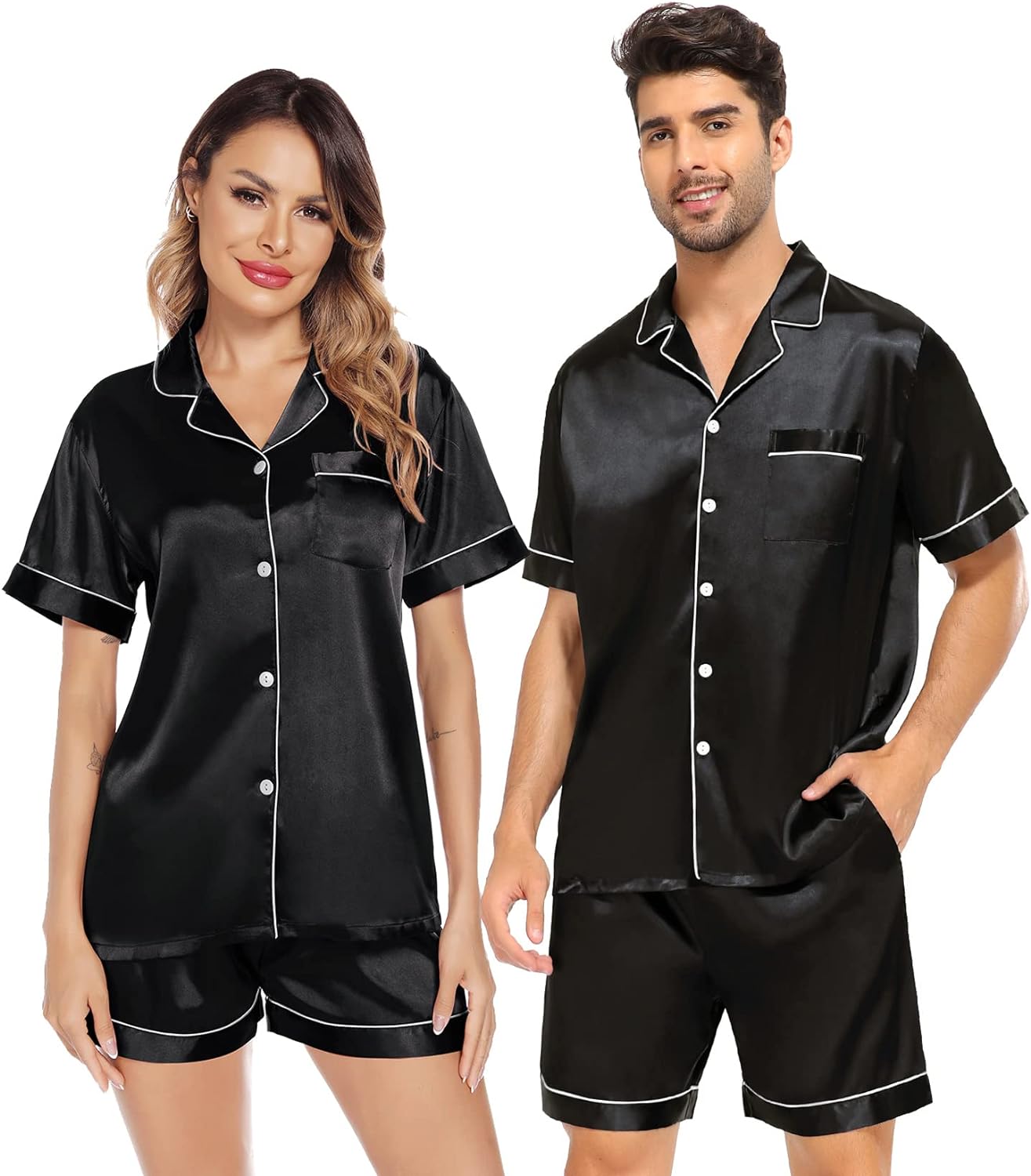 SWOMOG Satin Matching Pajamas Sets Couple Silk Button Down Nightwear Short Sleeve Sleepwear 2 Pieces Loungewear with Shorts