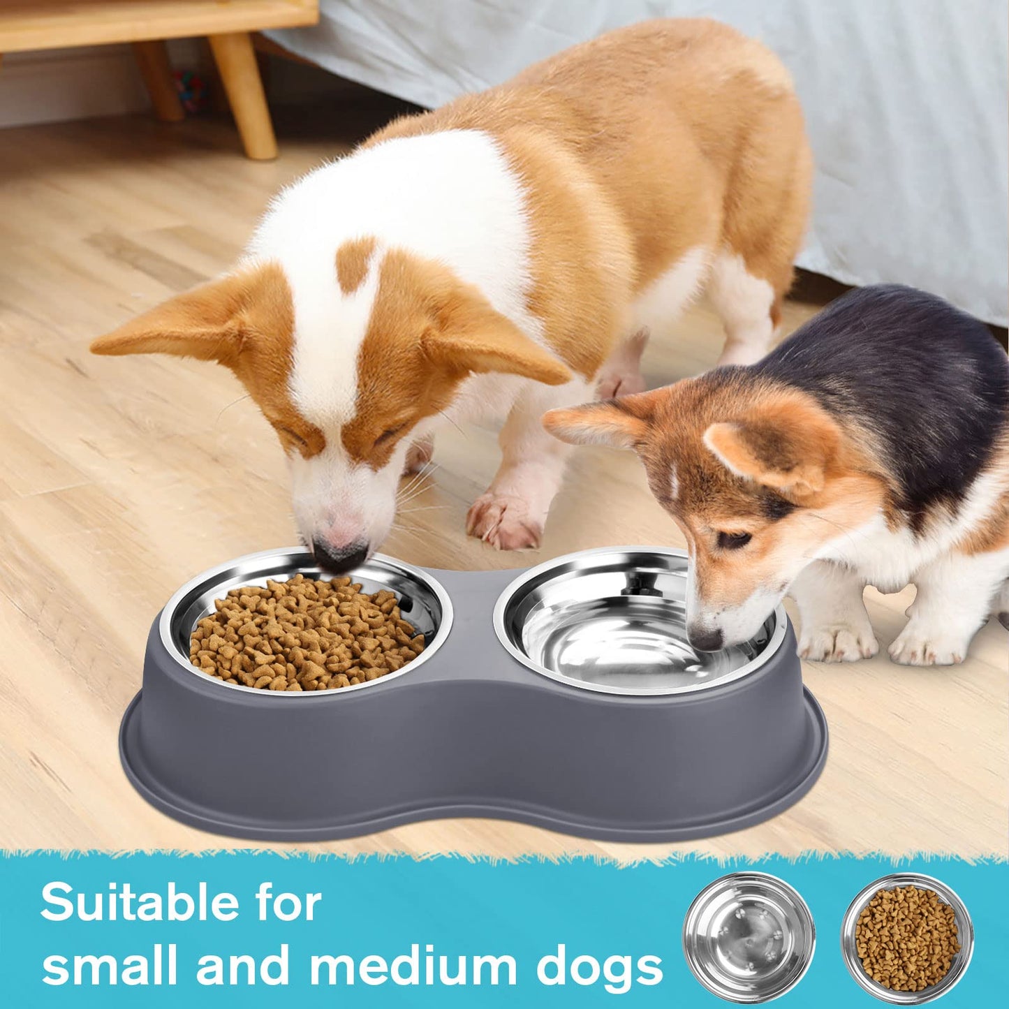 Dog Bowls Double Dog Water and Food Bowls Stainless Steel Bowls with Non-Slip Resin Station, Pet Feeder Bowls for Puppy Medium Dogs Cats