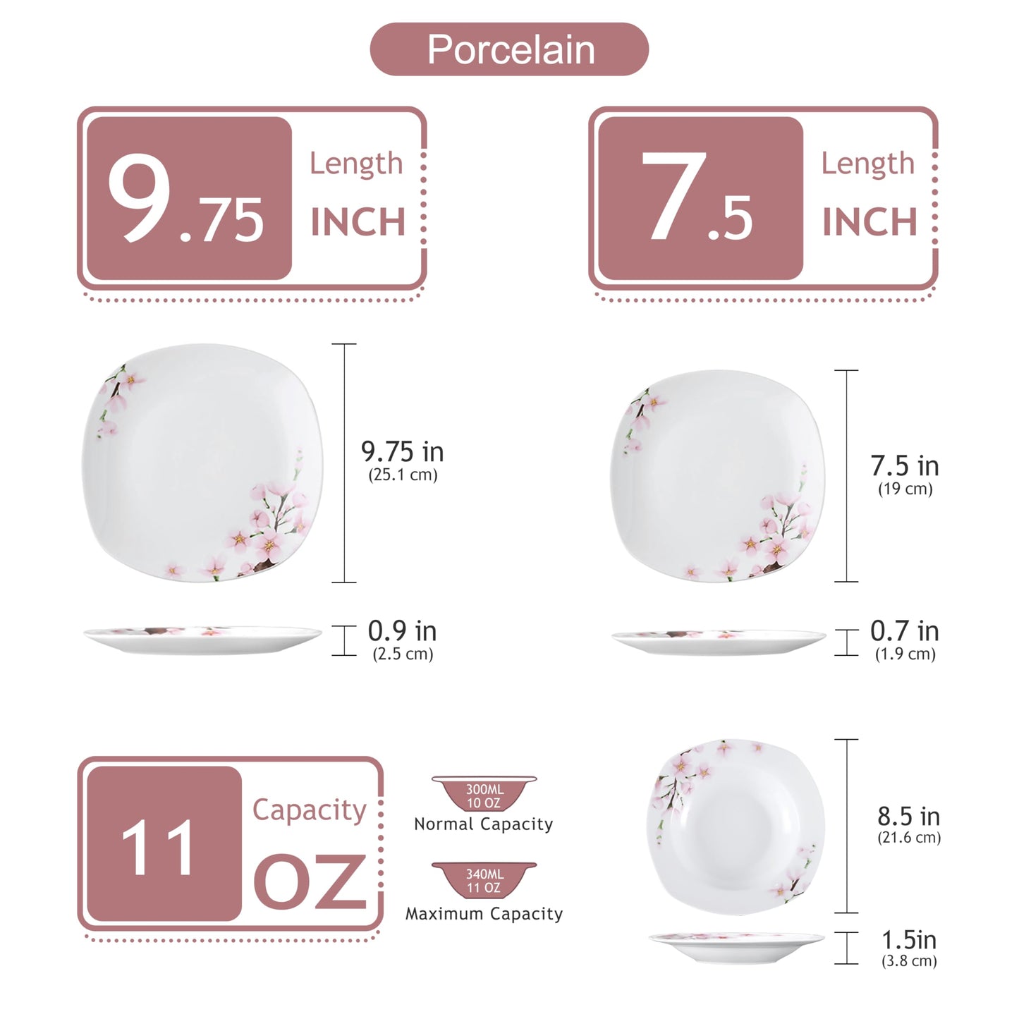 VEWEET, Series Annie, Porcelain Dinnerware Sets for 6, White Dish Set with Pink Floral, 30 PCS Dinner Sets Including Dinner Plates, Dessert Plates, Soup Plates Set, Cups & Saucers