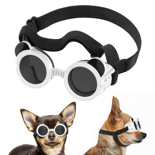 Small Dog Sunglasses UV Protection Goggles Eye Wear Protection with Adjustable Strap Doggy Panda Shape Anti-Fog Sunglasses for Pet Dogs Sun Glasses Doggie Windproof Glasses, White