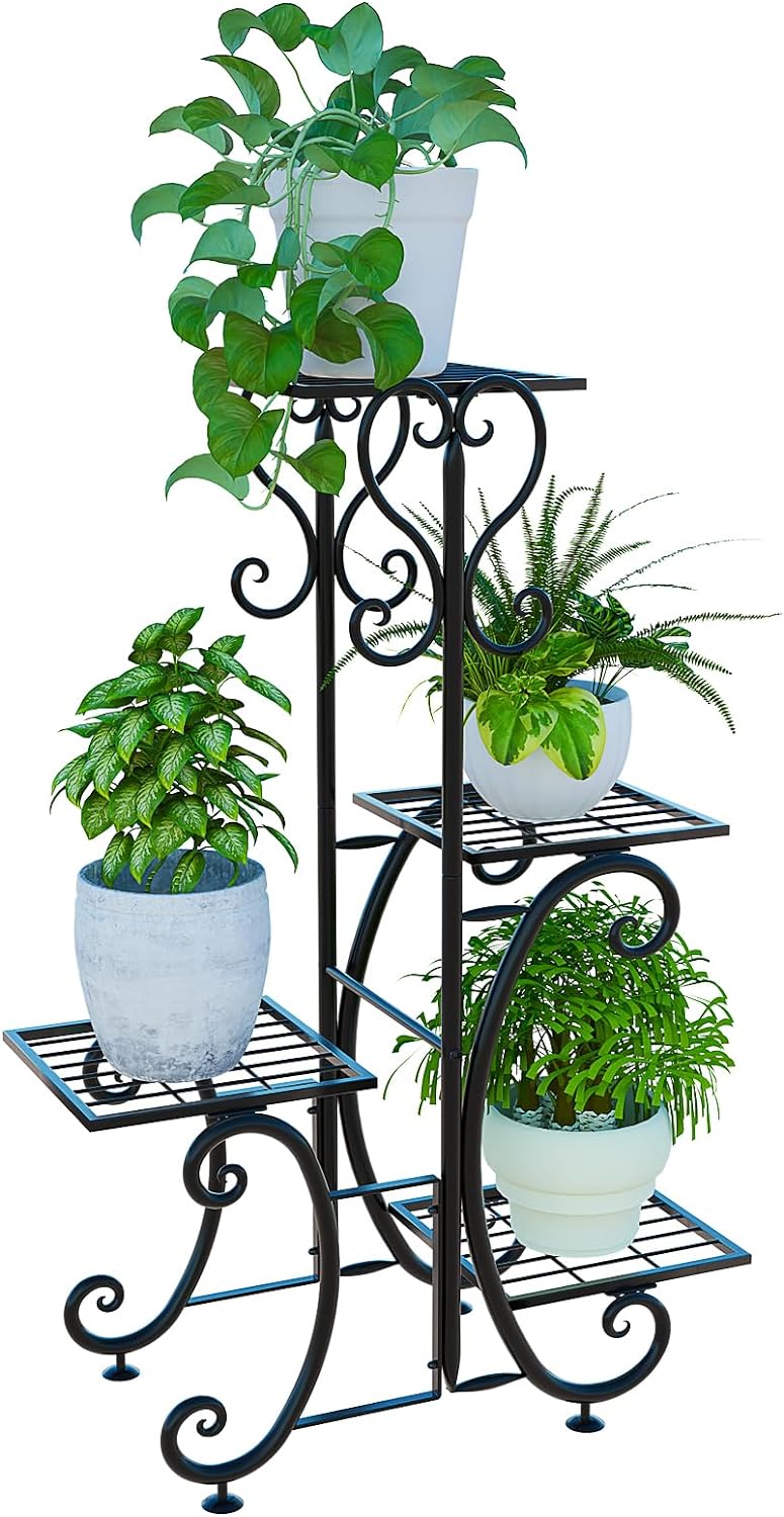 YisanCrafts 4 Tier Metal Plant Shelf , Plant Stand Indoor Outdoor Flower Pot Holder Display Racks - Wrought Iron Corner Multiple Planter Rack Organizer for Garden Patio Lawn Balcony Office Blac