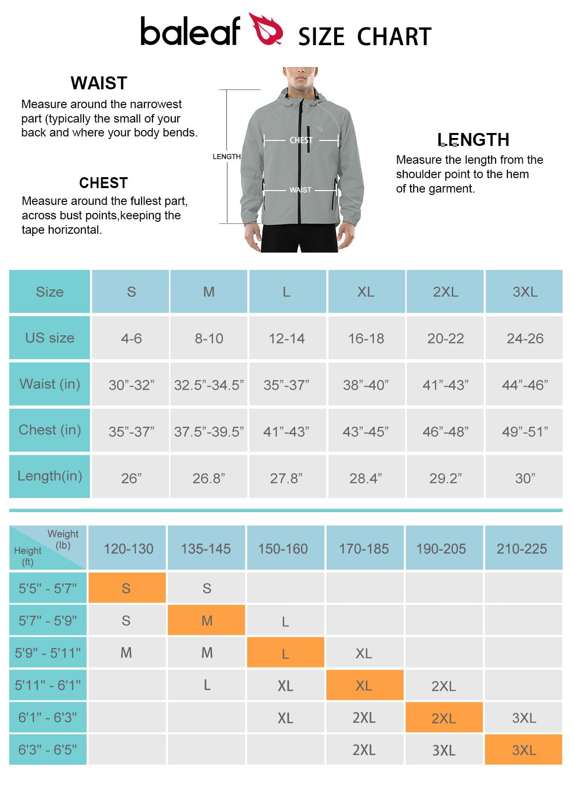 BALEAF Men's Rain Jacket Waterproof Windbreaker Running Cycling Golf Hiking Gear Hood Lightweight Reflective Packable