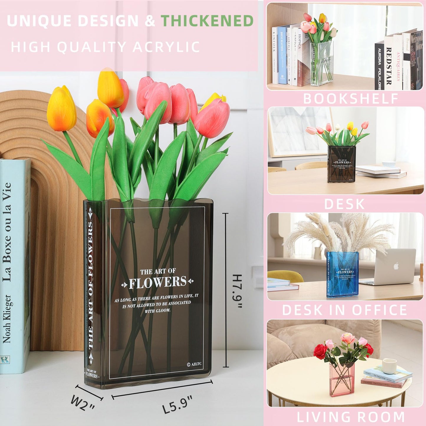 Book Vase for Flowers, Book Lovers Gifts, Aesthetic Room Decor Cute Flower Vase & Must-Have for Home, Bookshelf, Bedroom & Office Decor for Women & Teacher Gift - Like Mothers Day (Clear)