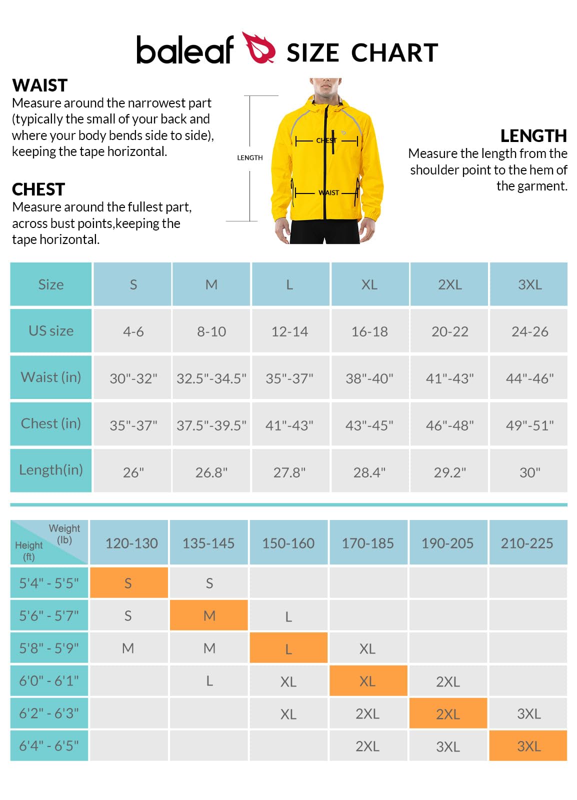 BALEAF Men's Rain Jacket Waterproof Windbreaker Running Cycling Golf Hiking Gear Hood Lightweight Reflective Packable