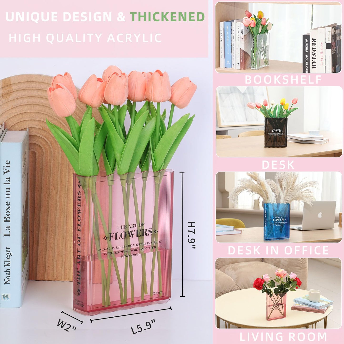 Book Vase for Flowers, Book Lovers Gifts, Aesthetic Room Decor Cute Flower Vase & Must-Have for Home, Bookshelf, Bedroom & Office Decor for Women & Teacher Gift - Like Mothers Day (Clear)