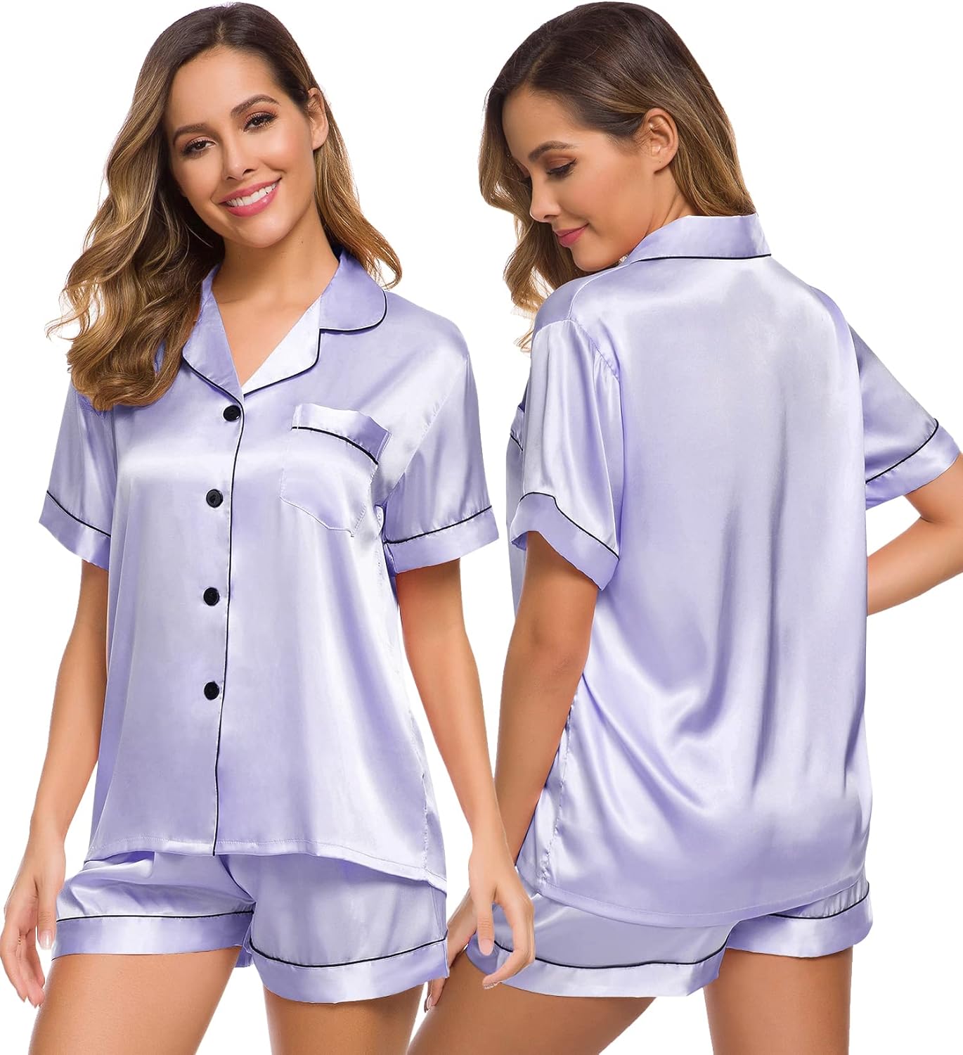 SWOMOG Womens Silk Satin Pajamas Set Two-piece Pj Sets Sleepwear Loungewear Button-Down Pj Sets