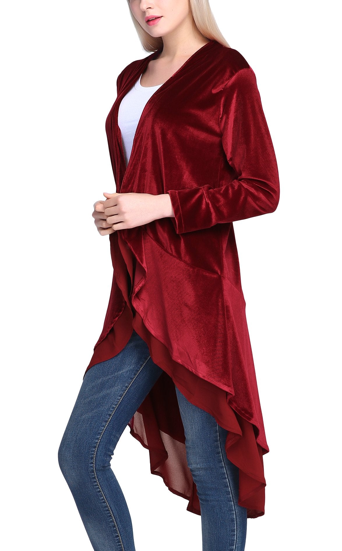 Urban CoCo Women's Long Sleeve Velvet Cardigan Coat with Asymmetric Chiffon Hem