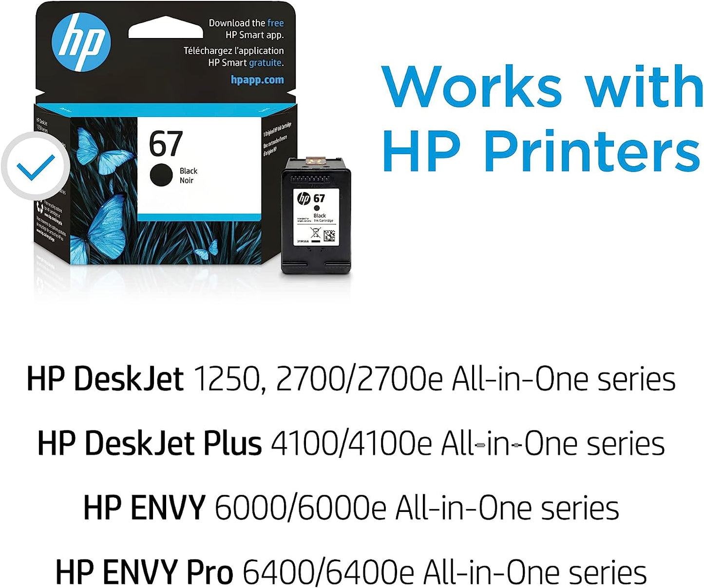 HP 67 Black Ink Cartridge | Works with HP DeskJet 1255, 2700, 4100 Series, HP ENVY 6000, 6400 Series | Eligible for Instant Ink | 3YM56AN