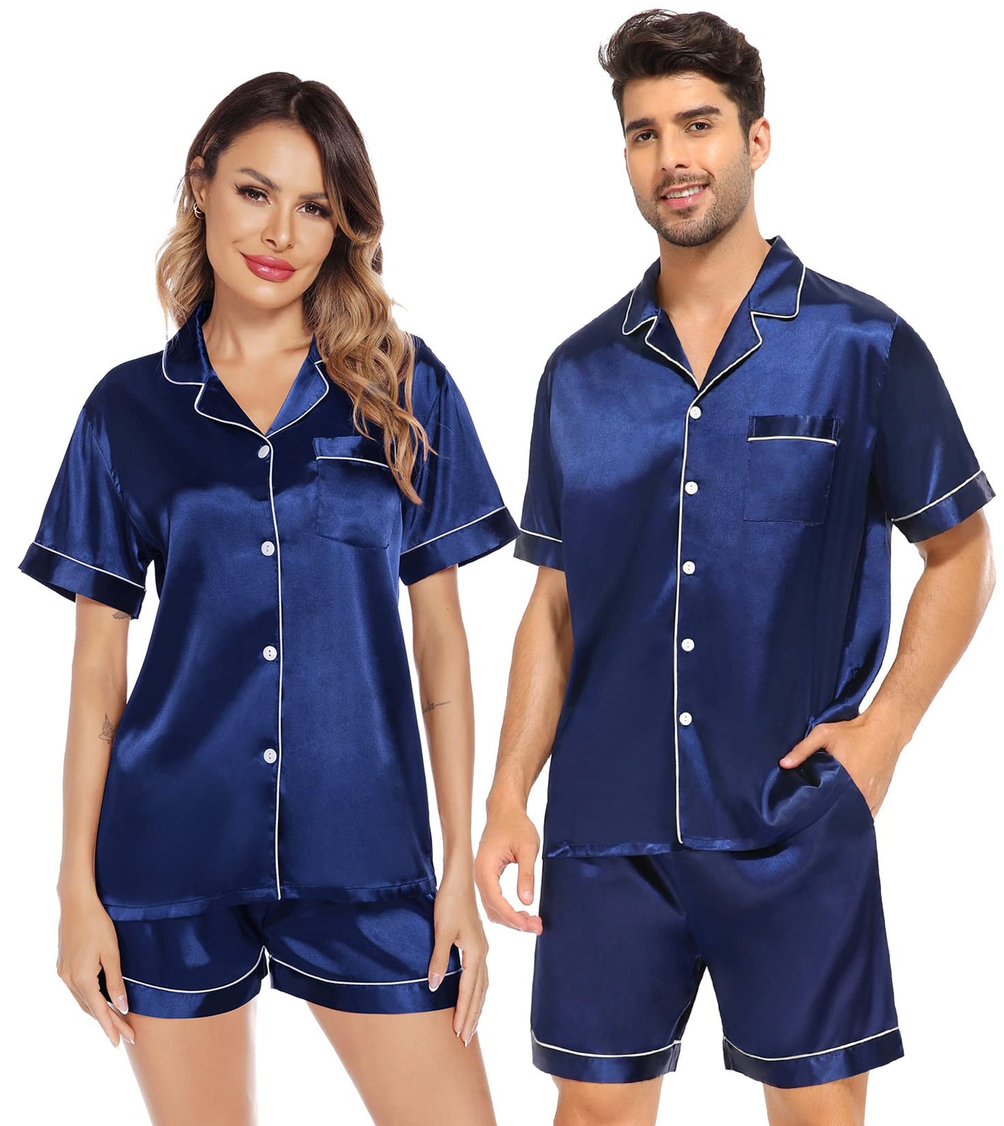 SWOMOG Satin Matching Pajamas Sets Couple Silk Button Down Nightwear Short Sleeve Sleepwear 2 Pieces Loungewear with Shorts