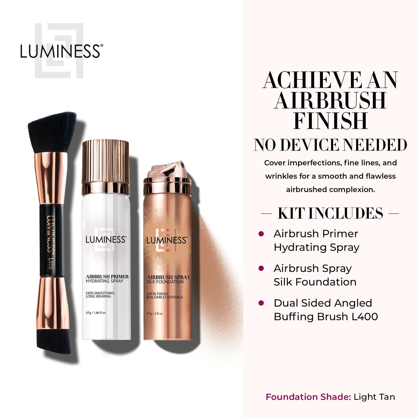 LUMINESS Airbrush Spray Silk Foundation Starter Kit - Medium Dark - Foundation, Primer & Dual-Sided Angled Buffing Brush - Medium, Buildable Coverage, Anti-Aging Formula Hydrates & Moisturizes