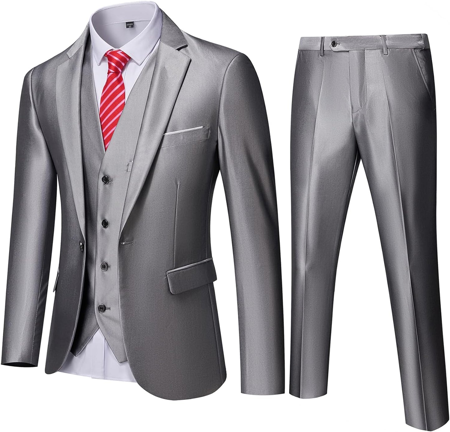 YND Men's Slim Fit 3 Piece Suit, One Button Solid Jacket Vest Pants Set with Tie