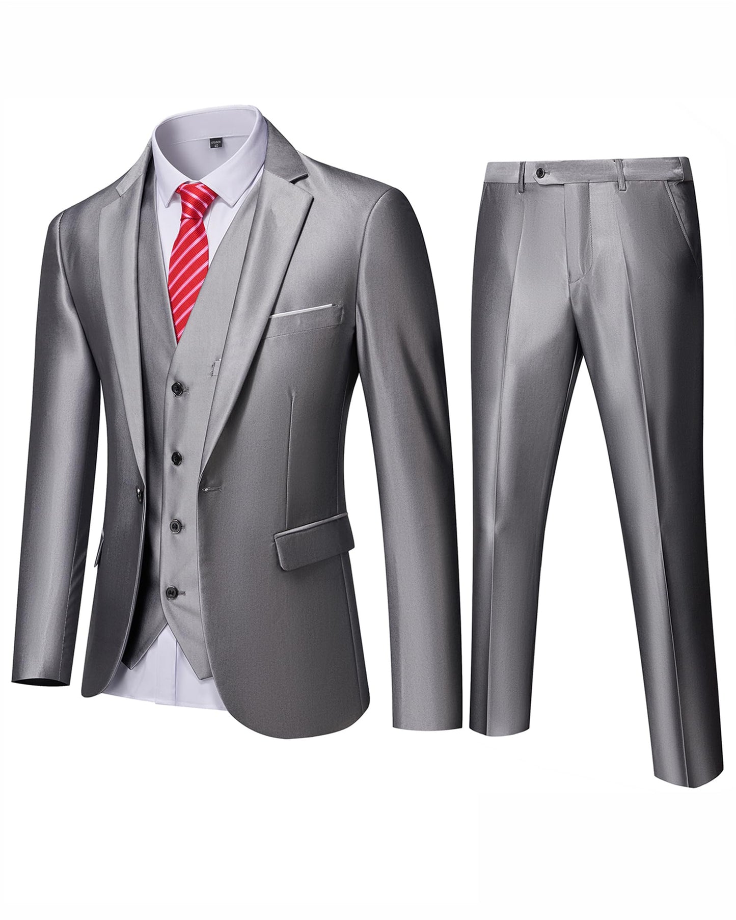 YND Men's Slim Fit 3 Piece Suit, One Button Solid Jacket Vest Pants Set with Tie