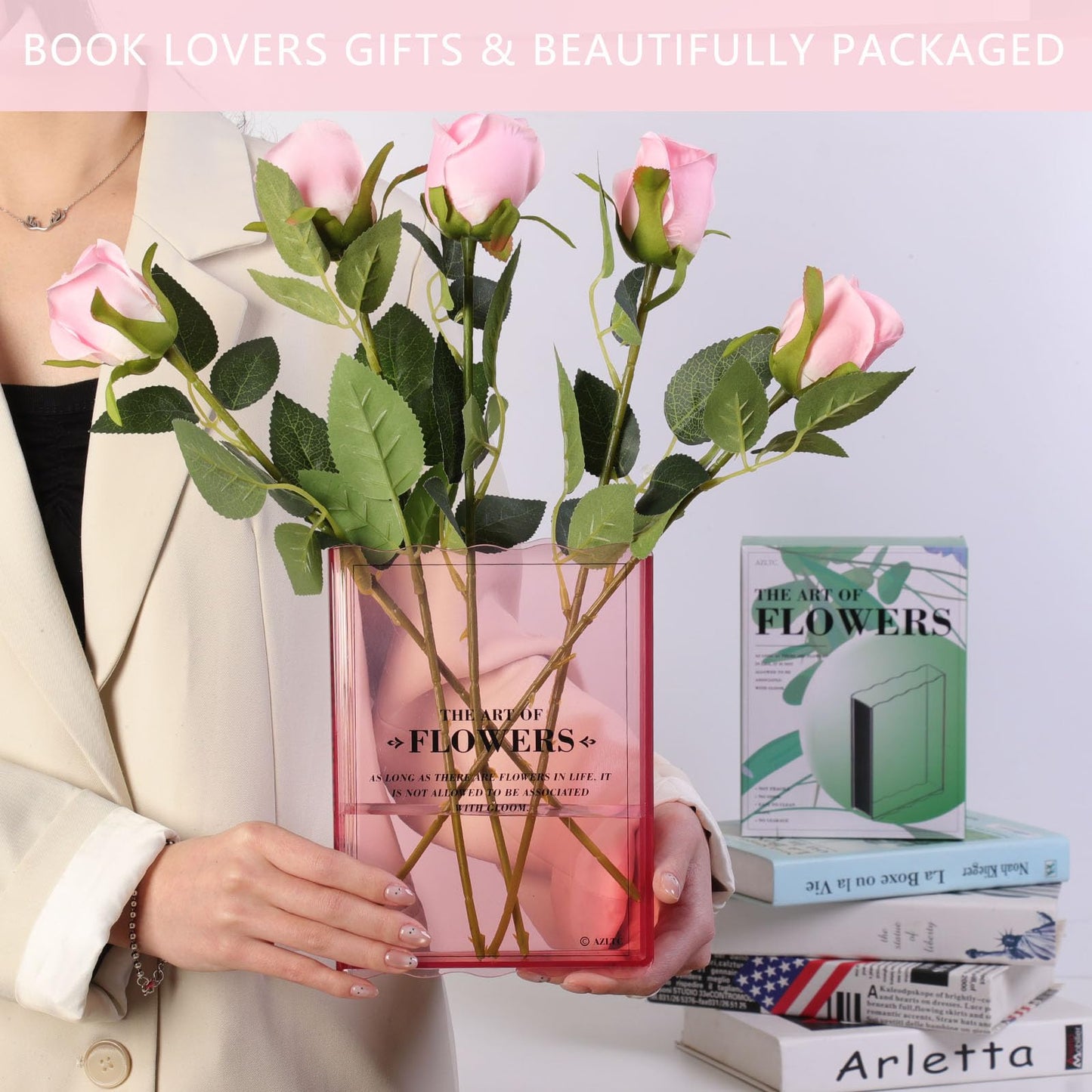 Book Vase for Flowers, Book Lovers Gifts, Aesthetic Room Decor Cute Flower Vase & Must-Have for Home, Bookshelf, Bedroom & Office Decor for Women & Teacher Gift - Like Mothers Day (Clear)