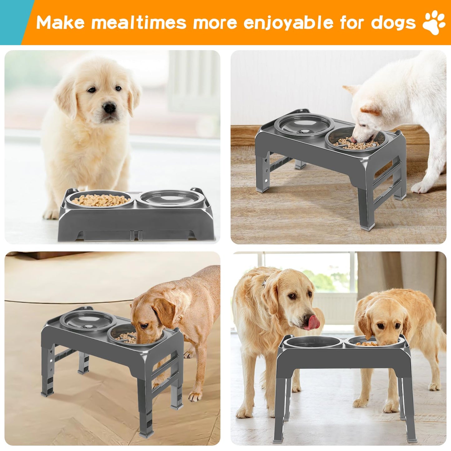 Elevated Dog Bowls, 2-in-1 Dog Feeder with Slow Feeder Dog Bowls & No Spill Dog Water Bowl, 4 Heights Adjustable Raised Dog Bowl Stand Non-Slip & Anti-Dust Dog Food Bowl for Medium Large Dogs, Black