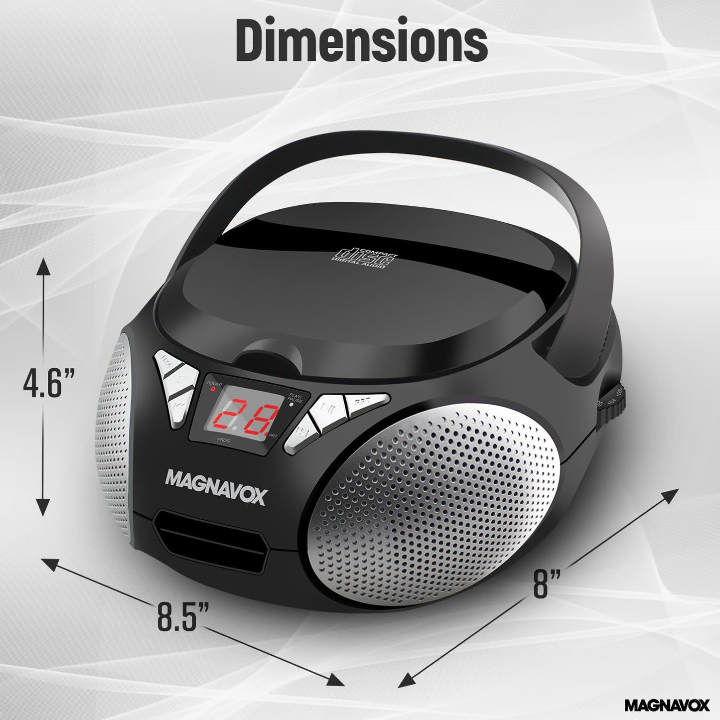 Magnavox MD6924 Portable Top Loading CD Boombox with AM/FM Stereo Radio in Black | CD-R/CD-RW Compatible | LED Display | AUX Port Supported | Programmable CD Player |