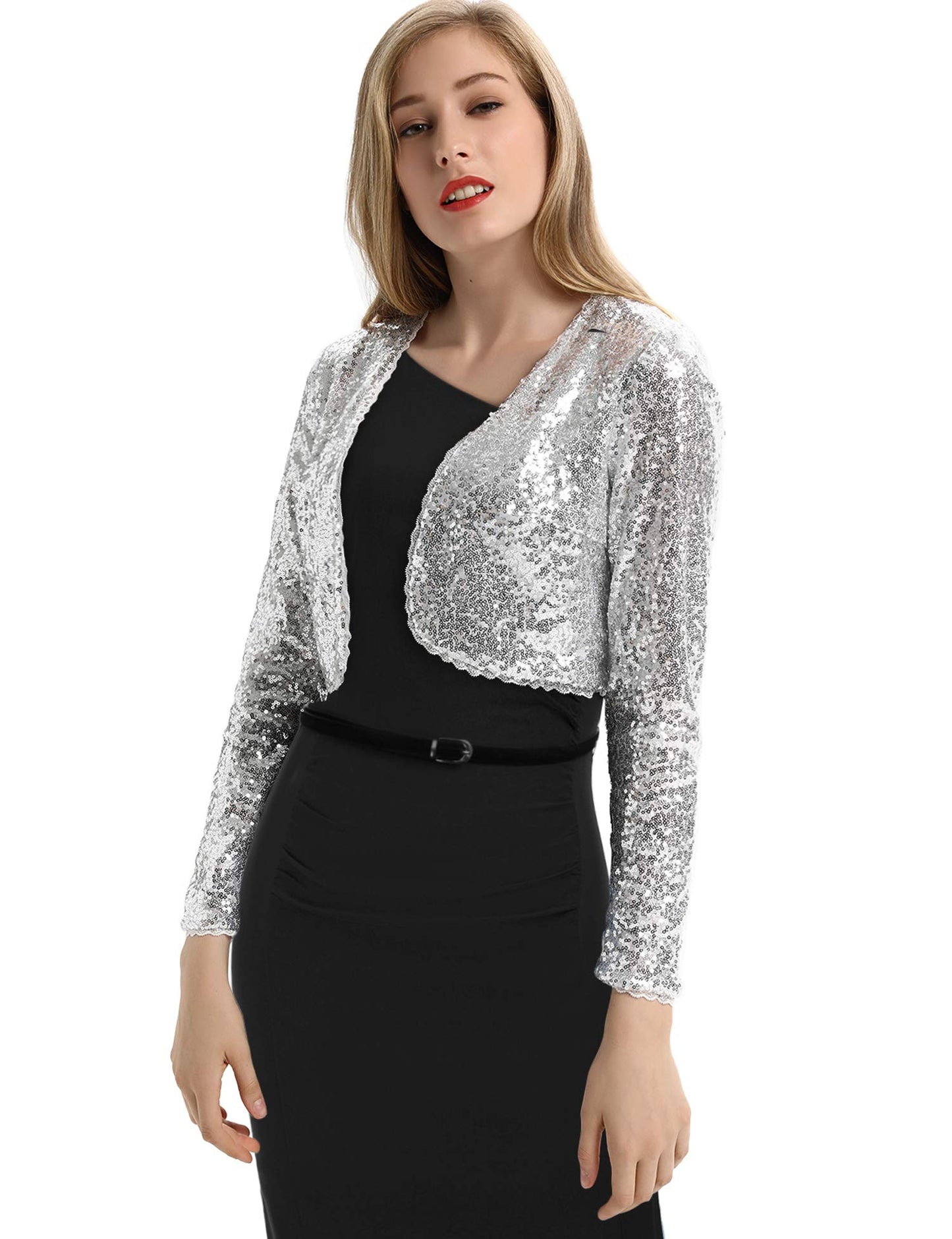 Belle Poque Women's Sequin Jacket Long Sleeve Open Front Glitter Cropped Blazer Bolero Shrug S-XXL