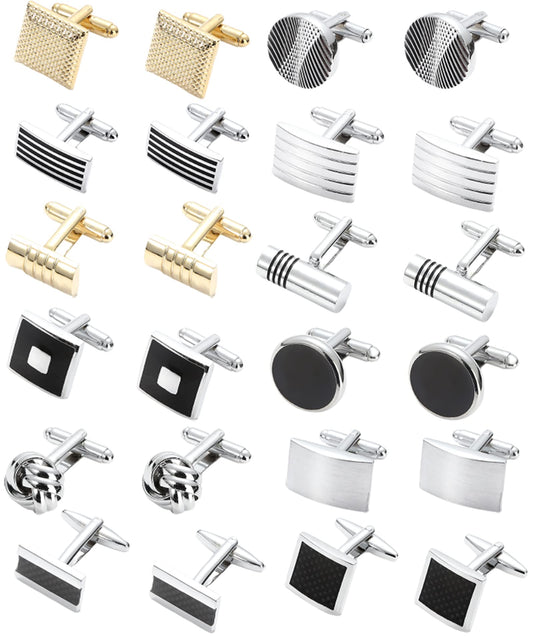 12 Pairs Cufflinks for Men Classic Tone Cuff Links Silver Black Striped Disc Square Rectangle Cuff Links Shirt Suit Men’s Cufflinks For Wedding Groom Business Elegant Gift