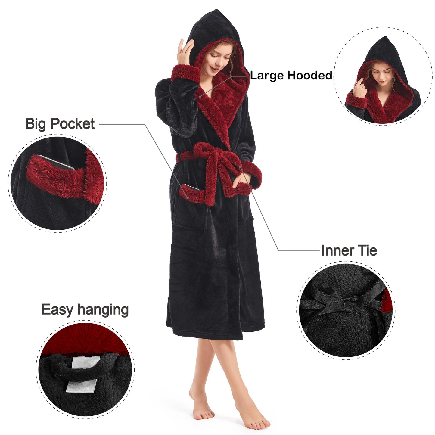 Inner Wish Women Hooded Plush Robe, Fleece Cozy Warm Bathrobe