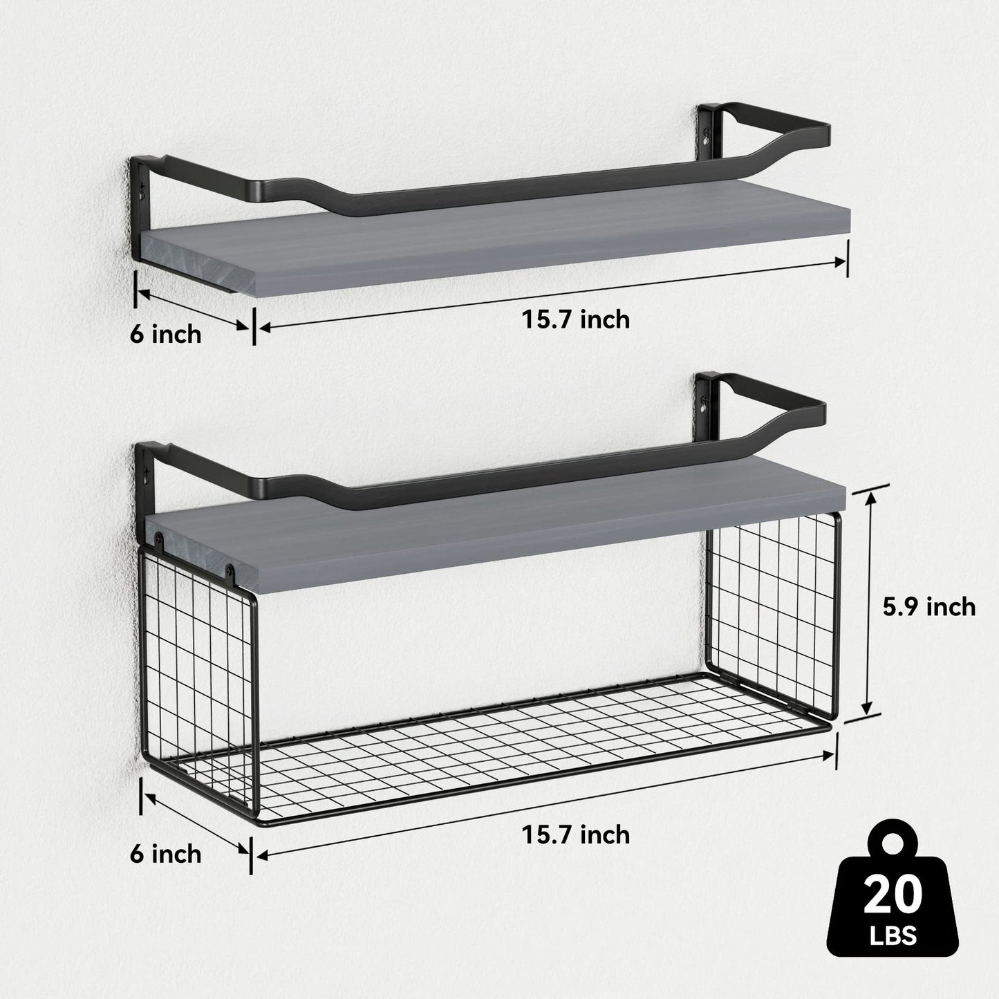 WOPITUES Floating Shelves with Wire Storage Basket, Bathroom Shelves Over Toilet with Protective Metal Guardrail, Wood Wall Shelves for Bathroom, Bedroom, Living Room, Toilet Paper-Black