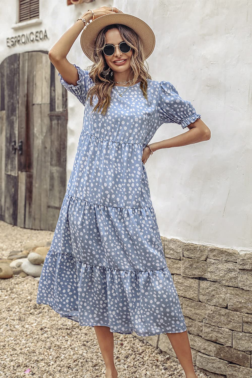 Pretty Garden Womens Summer Casual Boho Dress Floral Print Ruffle Puff Sleeve High Waist Midi