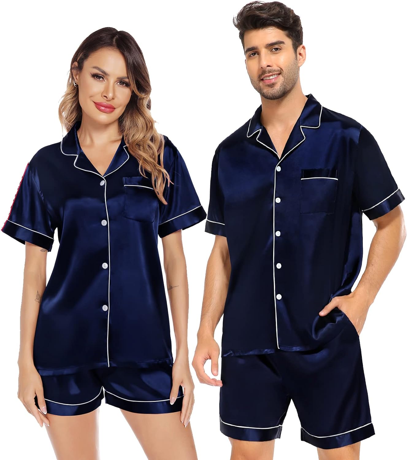 SWOMOG Satin Matching Pajamas Sets Couple Silk Button Down Nightwear Short Sleeve Sleepwear 2 Pieces Loungewear with Shorts