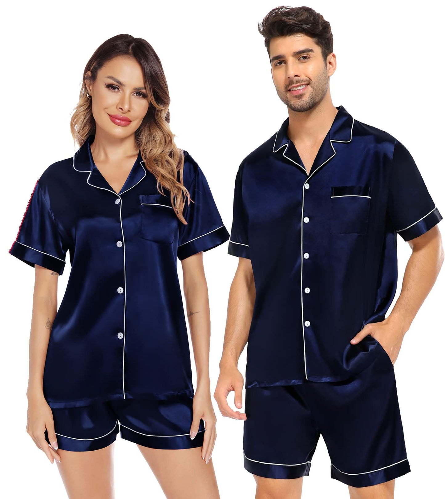 SWOMOG Satin Matching Pajamas Sets Couple Silk Button Down Nightwear Short Sleeve Sleepwear 2 Pieces Loungewear with Shorts