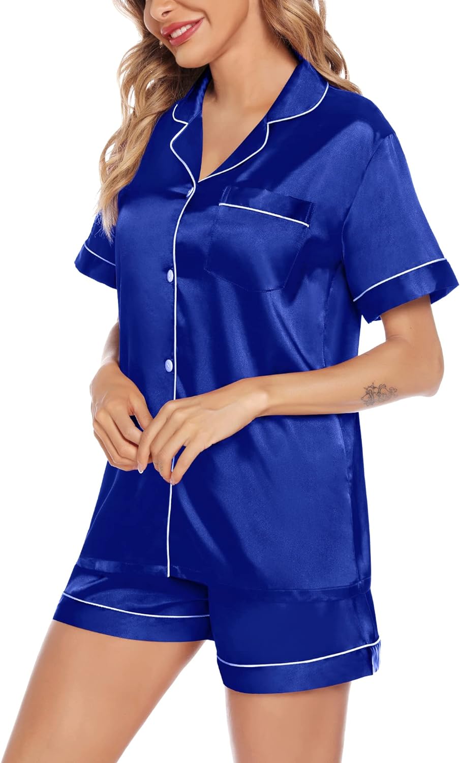 SWOMOG Satin Matching Pajamas Sets Couple Silk Button Down Nightwear Short Sleeve Sleepwear 2 Pieces Loungewear with Shorts