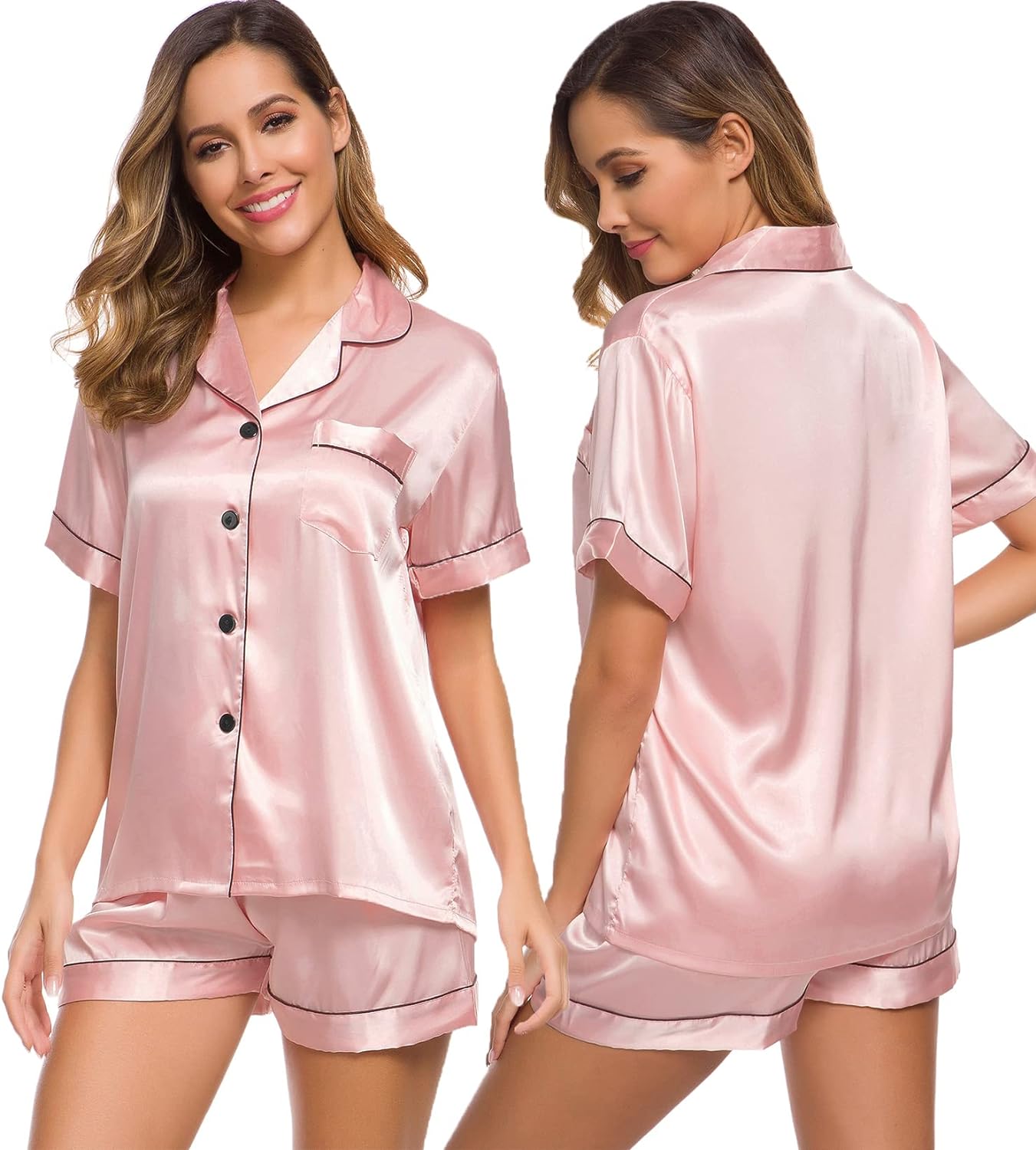 SWOMOG Womens Silk Satin Pajamas Set Two-piece Pj Sets Sleepwear Loungewear Button-Down Pj Sets