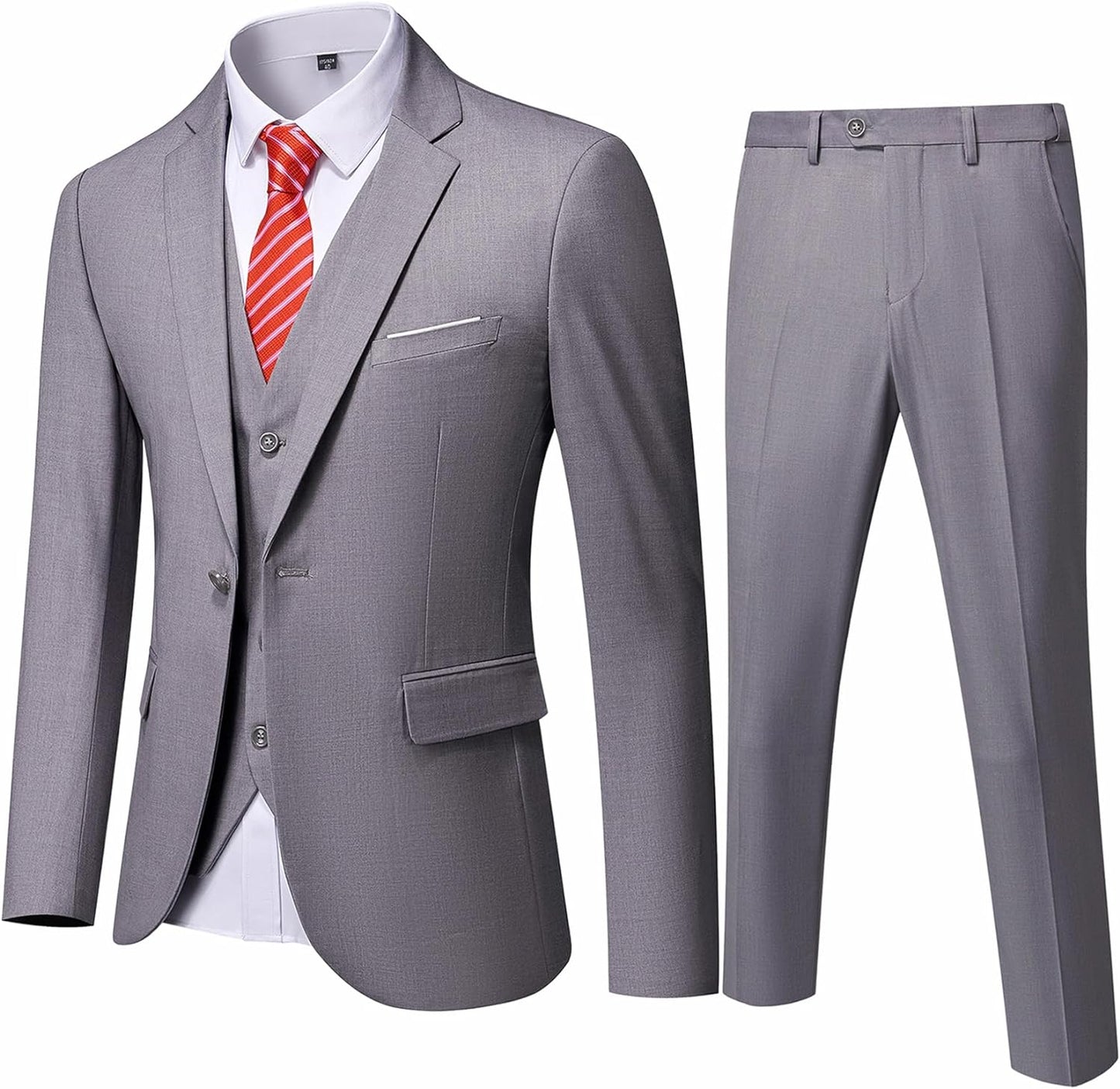 YND Men's Slim Fit 3 Piece Suit, One Button Solid Jacket Vest Pants Set with Tie