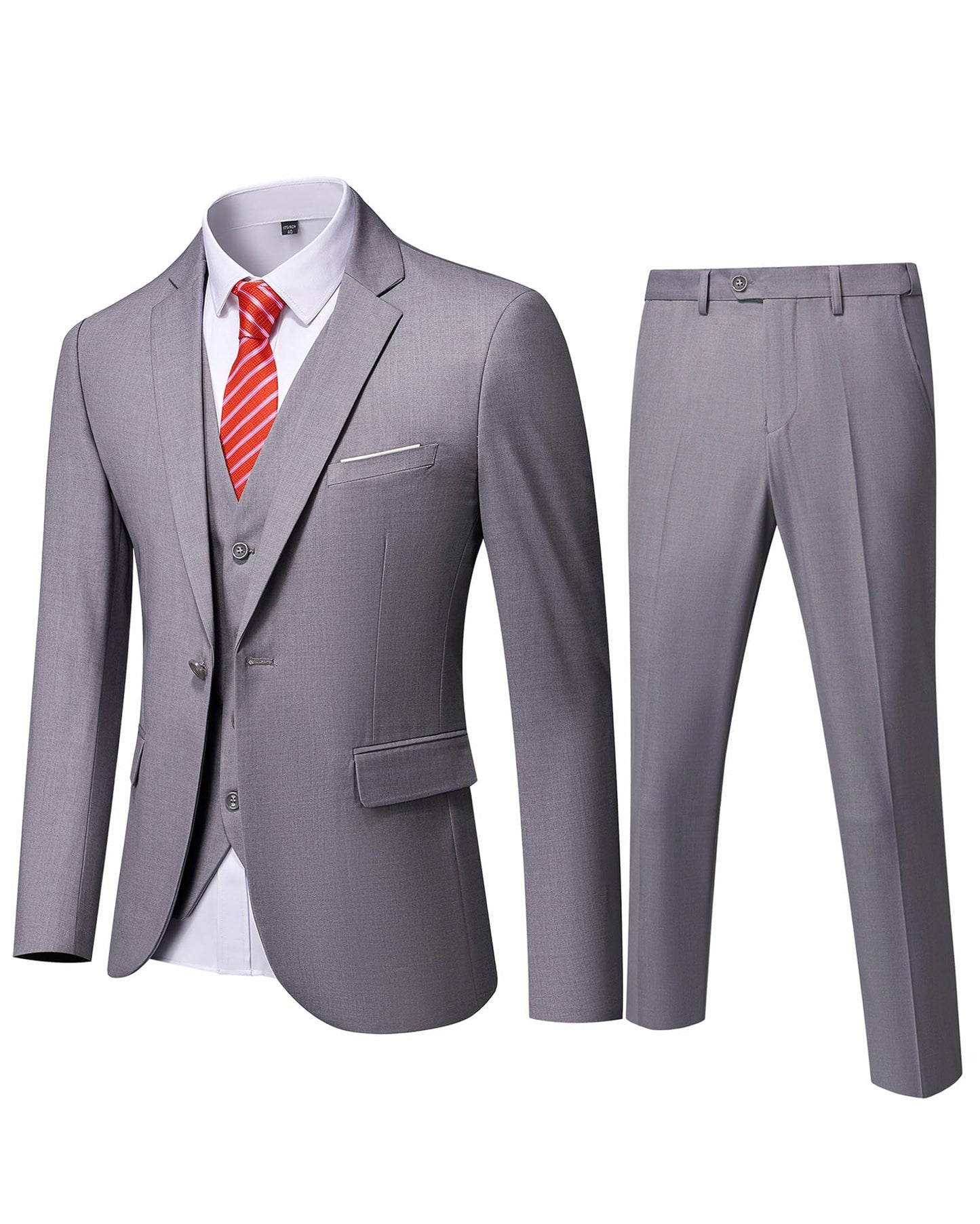 YND Men's Slim Fit 3 Piece Suit, One Button Solid Jacket Vest Pants Set with Tie