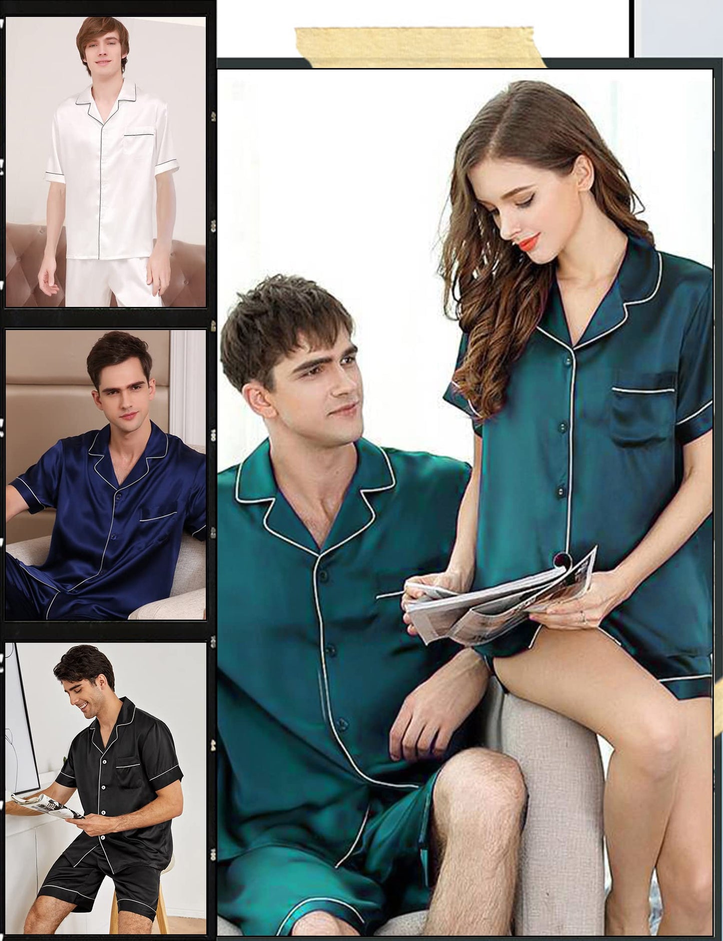 SWOMOG Satin Matching Pajamas Sets Couple Silk Button Down Nightwear Short Sleeve Sleepwear 2 Pieces Loungewear with Shorts