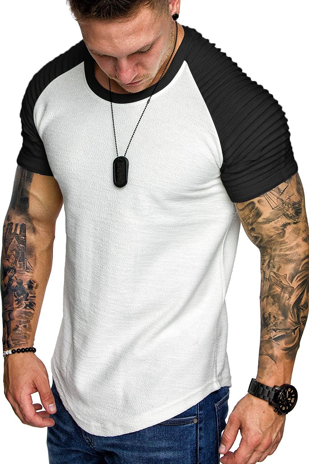 COOFANDY Men's Muscle T-Shirt Pleated Raglan Sleeve Bodybuilding Gym Tee Short Sleeve Fashion Workout Shirts Hipster Shirt