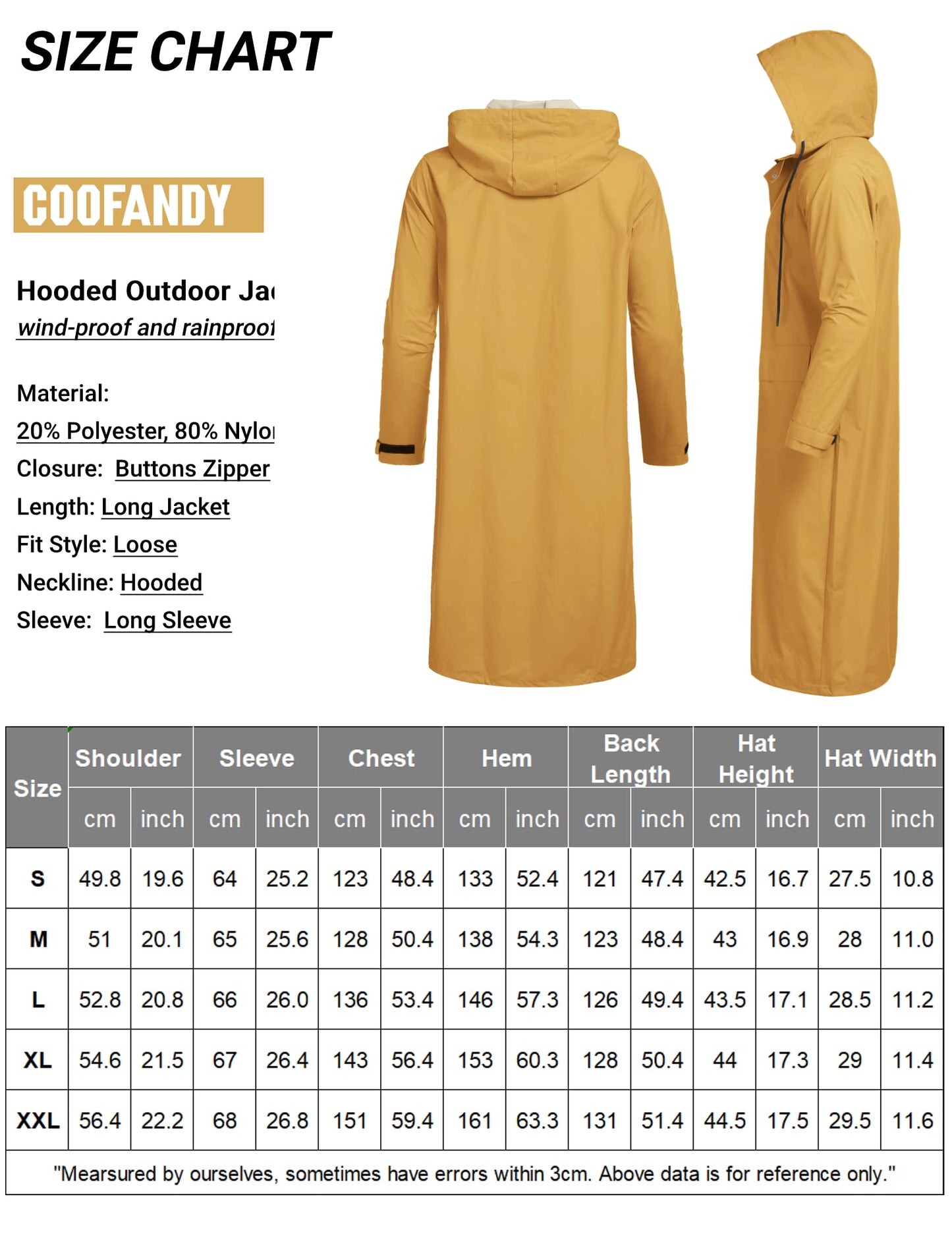 COOFANDY Men's Rain Jacket with Hood Waterproof Lightweight Active Long Raincoat