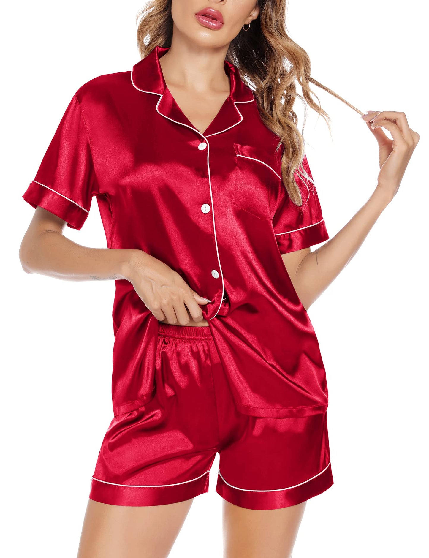 SWOMOG Satin Matching Pajamas Sets Couple Silk Button Down Nightwear Short Sleeve Sleepwear 2 Pieces Loungewear with Shorts