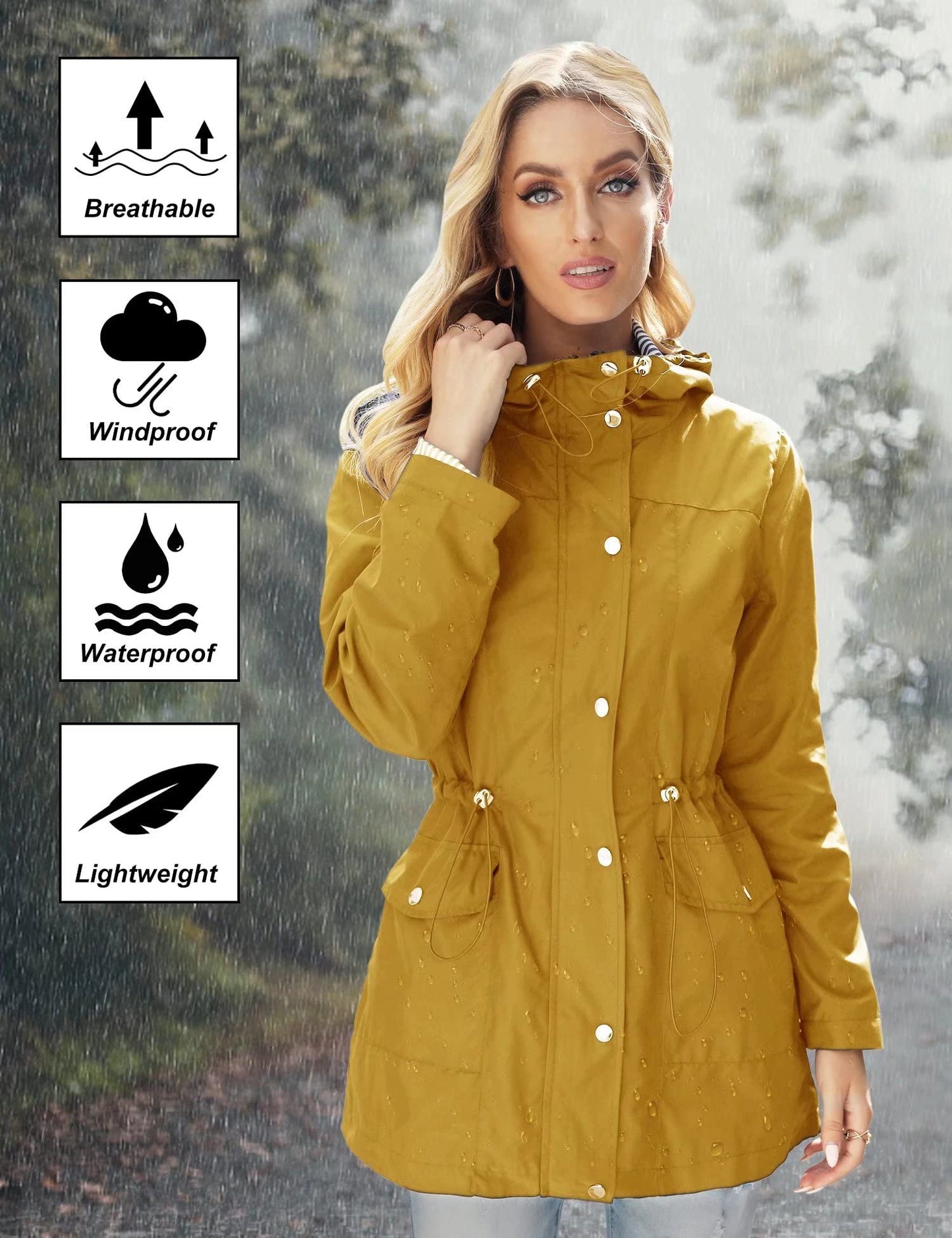 Bloggerlove Rain Jacket Women Lightweight Raincoat Waterproof Windbreaker Striped Climbing Outdoor Hooded Trench Coats S-XXL