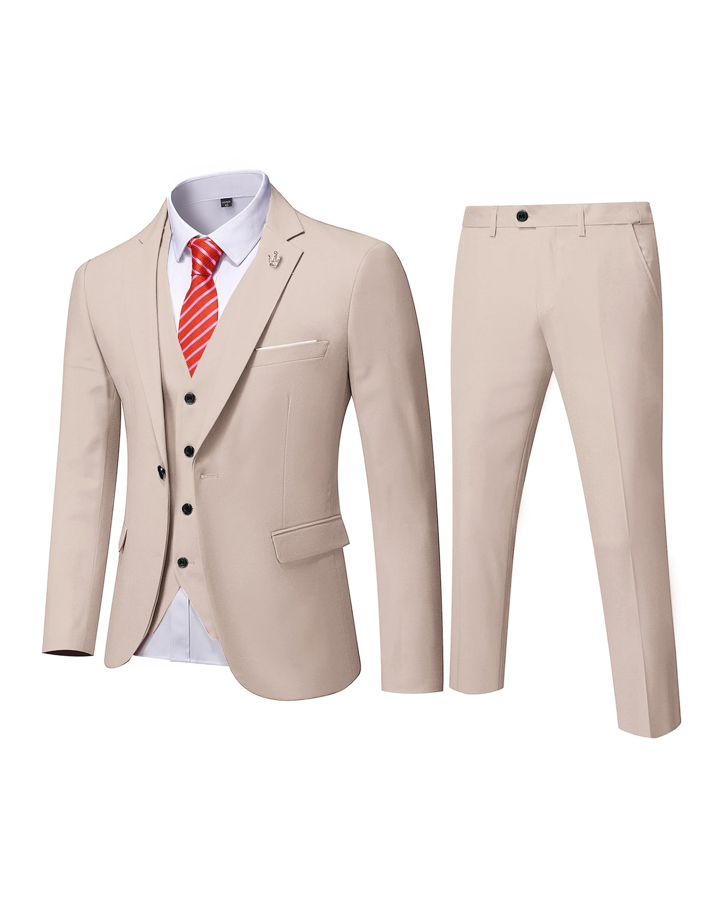 MYS Men's 3 Piece Slim Fit Suit Set, One Button Solid Jacket Vest Pants with Tie